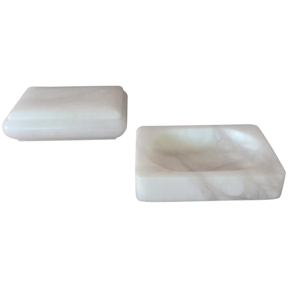 Set of Covered Box and Soap Dish Italian Alabaster Decorative Accessories
