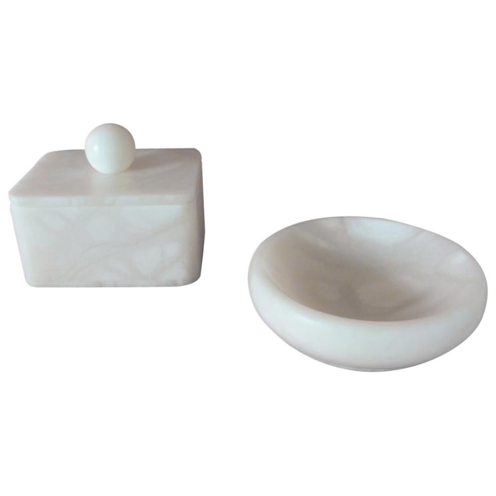 Set of Covered box and Round Dish Italian Alabaster Decorative Accessories