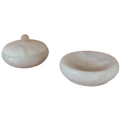 Set of Covered Box and Round Dish Italian Alabaster Decorative Accessories