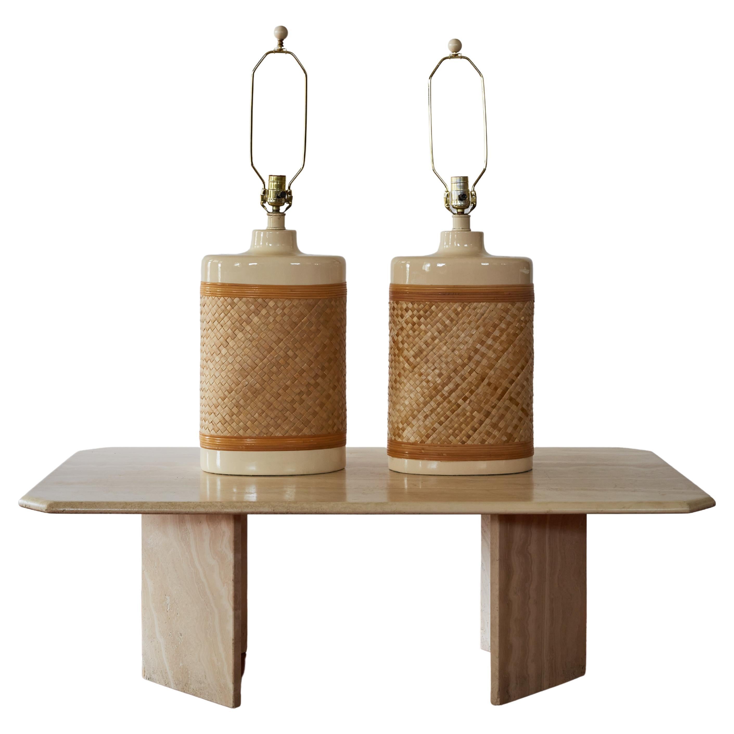 Set of Cream-colored Oval Ceramic Table Lamps with Natural Raffia Detail For Sale