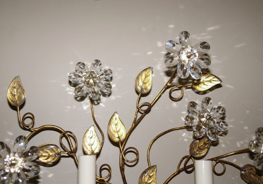French Set of Crystal Flower Sconces, Sold in Pairs For Sale