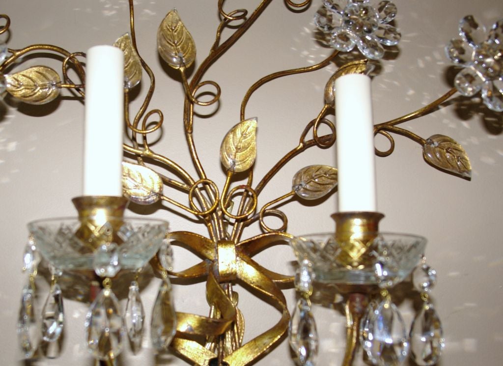 Gilt Set of Crystal Flower Sconces, Sold in Pairs For Sale