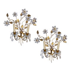 Vintage Set of Crystal Flower Sconces, Sold in Pairs