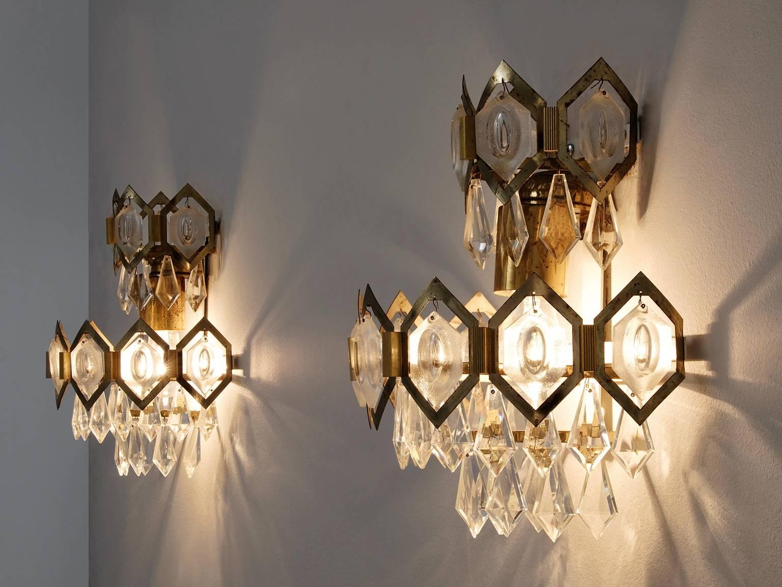 European Pair of Crystal Glass and Brass Sconces For Sale