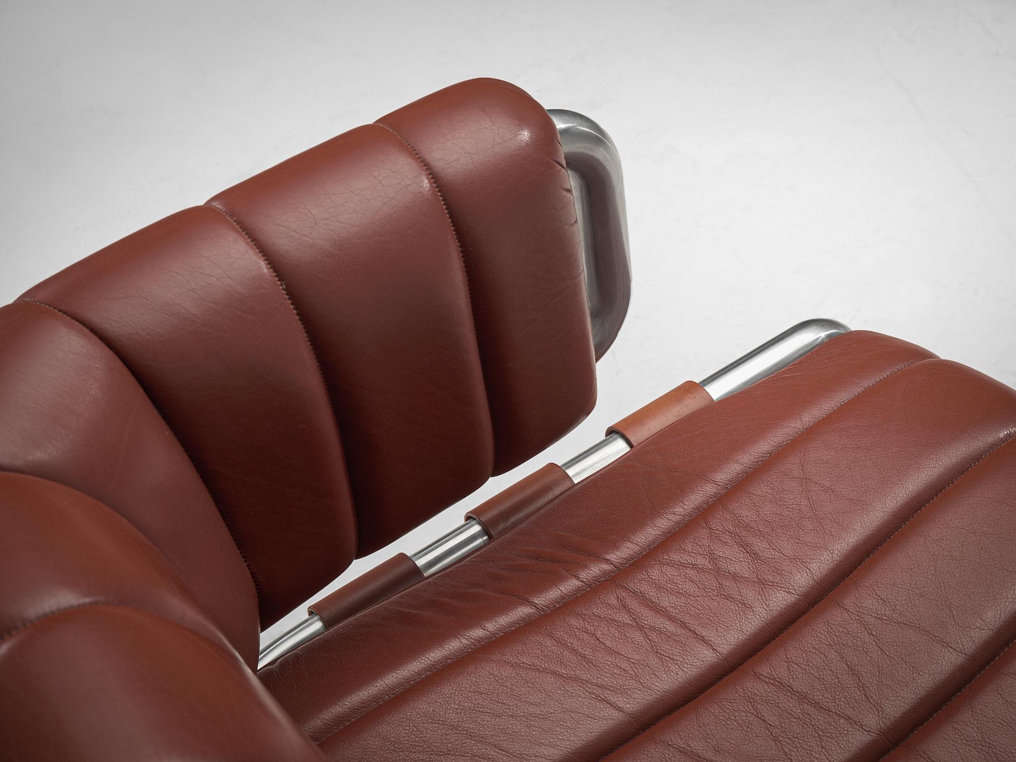 Set of Cubist Tubular Lounge Chairs in Red Leather 1