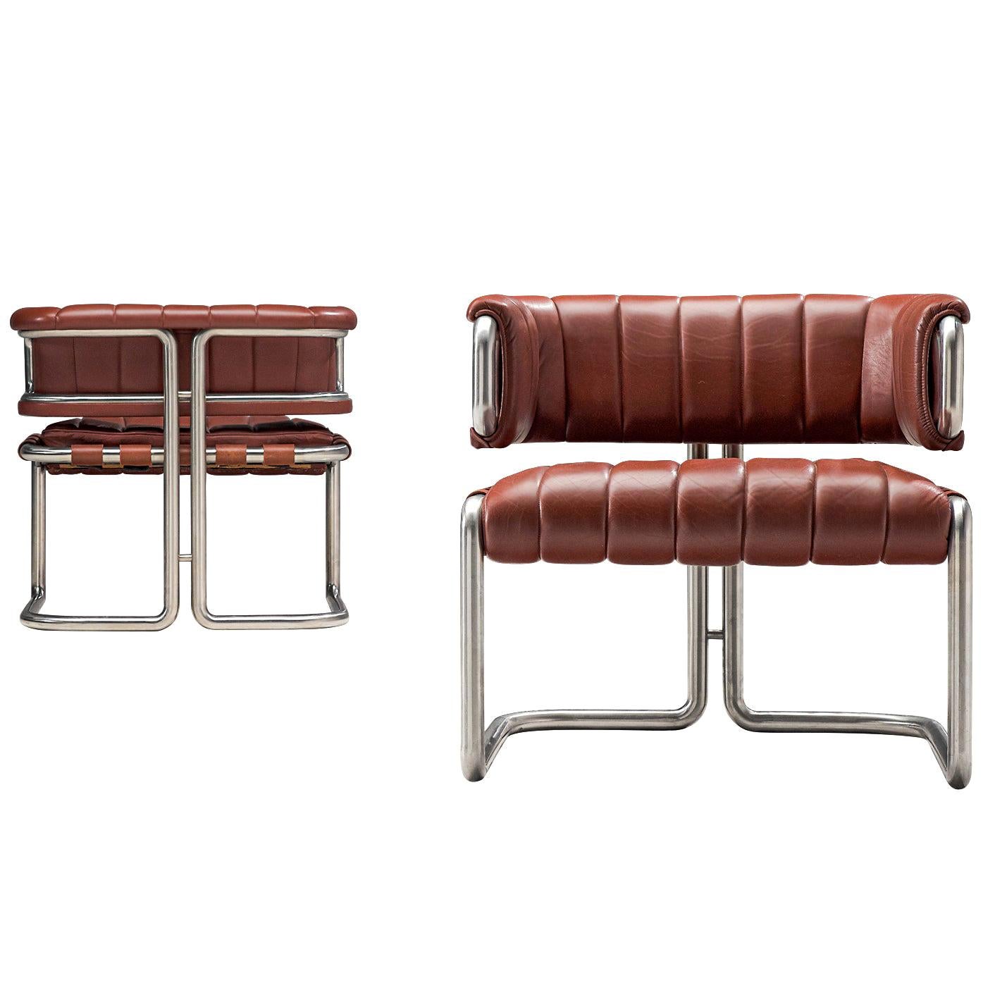 Set of Cubist Tubular Lounge Chairs in Red Leather