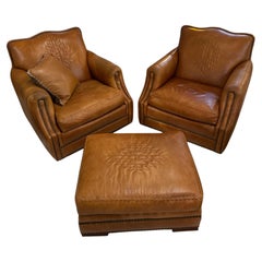Set of Custom Manner of Ralph Lauren Hand Made Leather Swivel Club Chair