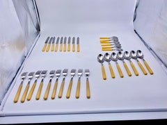 Set of Cutlery, 32 Pieces in Metal and Bakelite, Ivory Color, France circa 1970