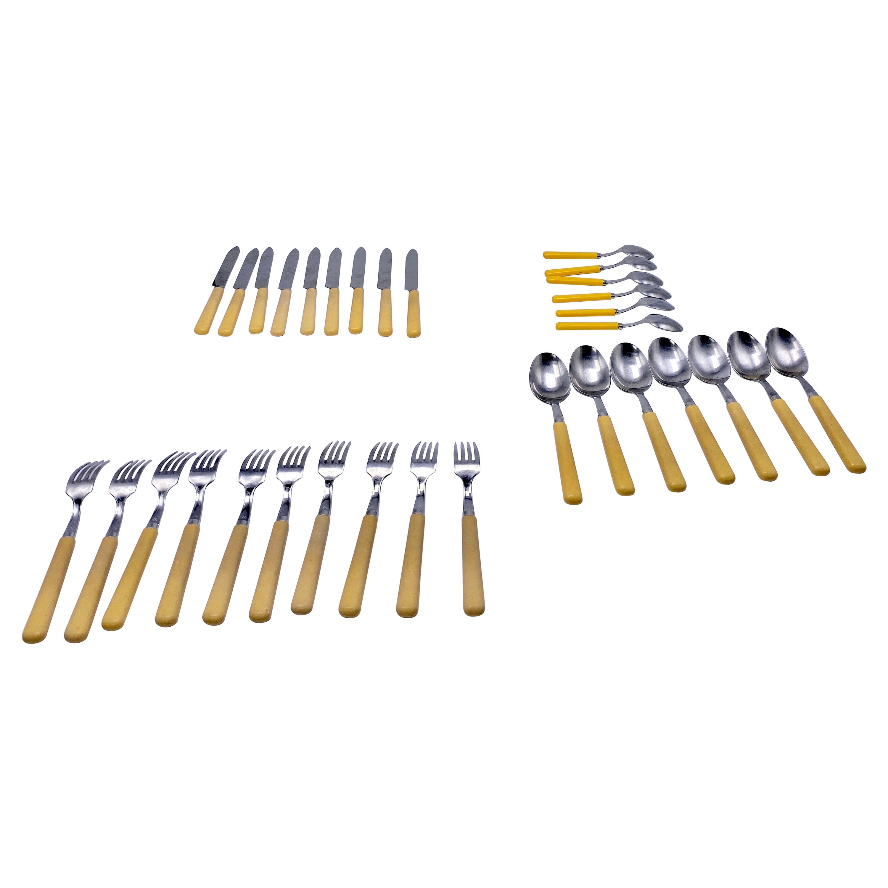 Set of Cutlery, 32 Pieces in Metal and Bakelite, Ivory Color, France circa 1970
