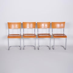Set of Czech Beech Bauhaus Chairs by Robert Slezak, Four Pieces, Chrome, 1920s