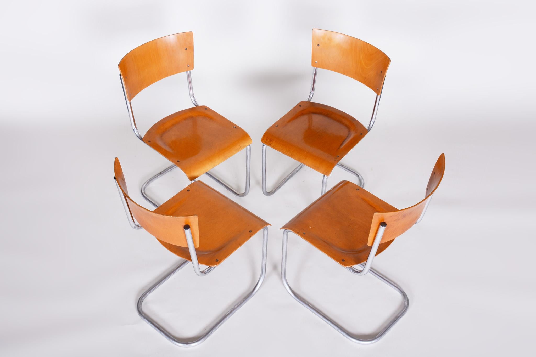 Set of Czech Beech Bauhaus Chairs by Robert Slezak, Four Pieces, Chrome, 1920s In Good Condition In Horomerice, CZ
