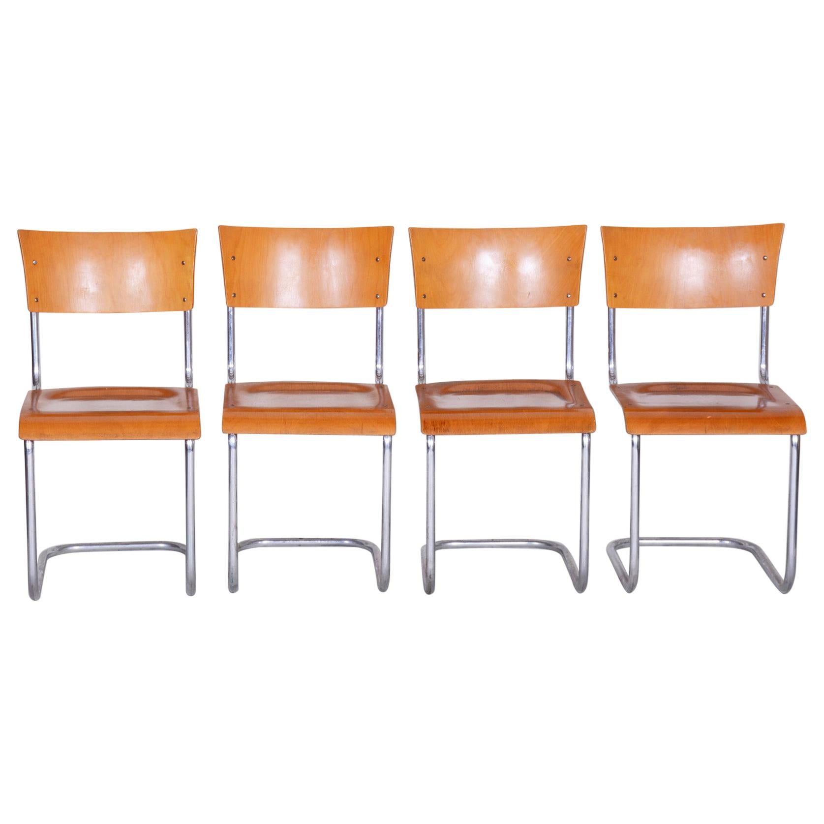 Set of Czech Beech Bauhaus Chairs by Robert Slezak, Four Pieces, Chrome, 1920s
