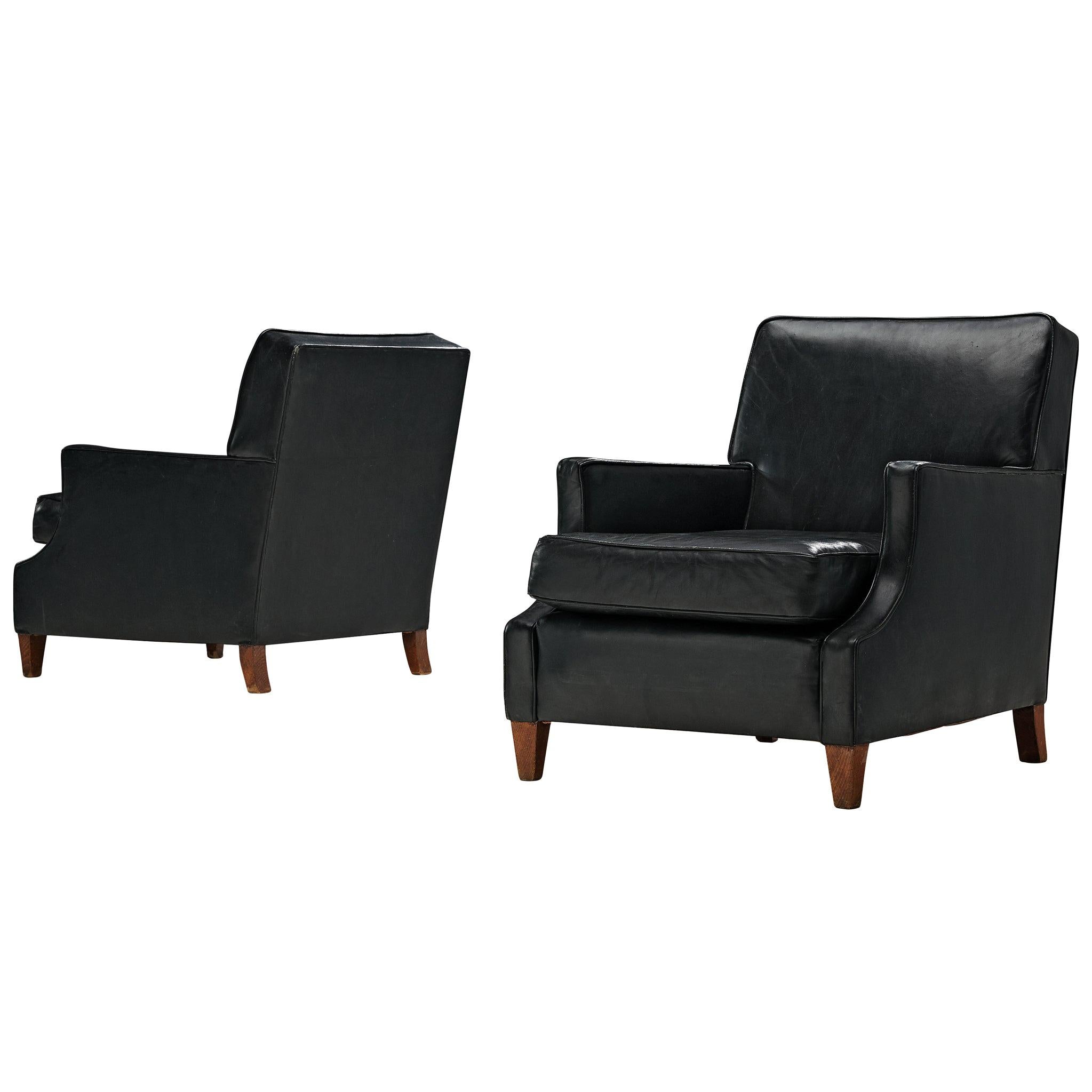 Pair of Danish Lounge Chairs in Original Black Leather