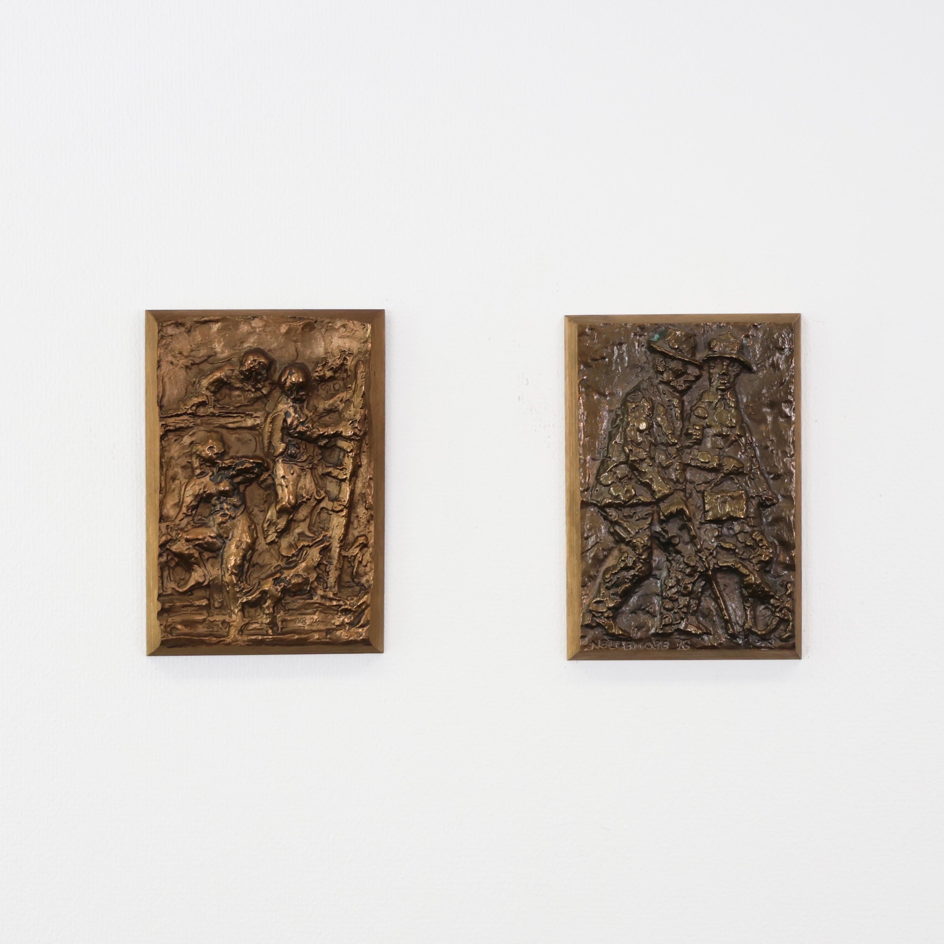 Set of Brass Reliefs Wall Plaques designed by Danish artists Knud Nellemose and Mogens Bøggild and made by Anders Nyborg in the late 1970s.  

* Set (2) of heavy square cast brass reliefs plaques picturing people
* Designer #1: Knud Nellemose (anno