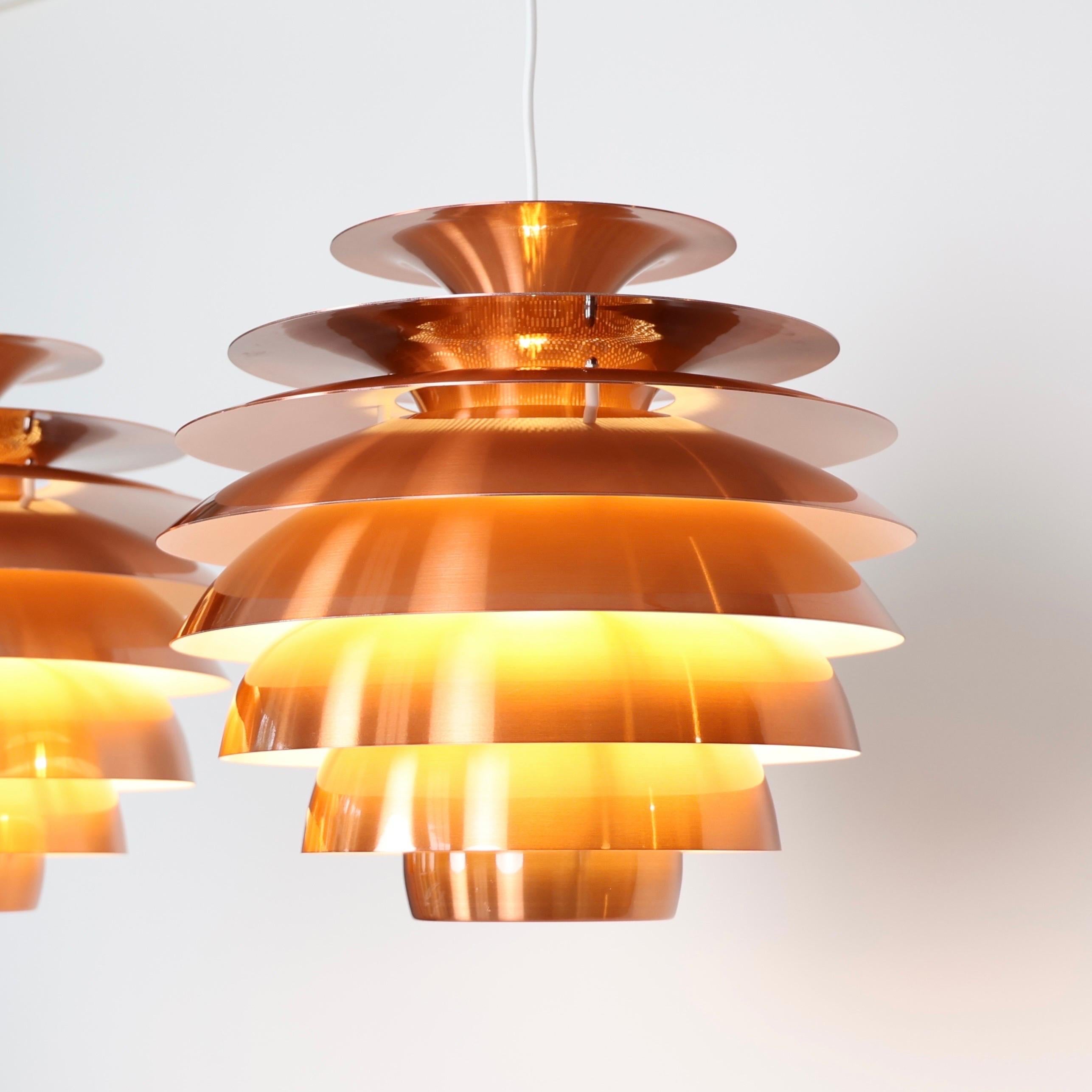 Set of Danish Copper Pendant Lights, 1980s, Denmark In Good Condition For Sale In Værløse, DK
