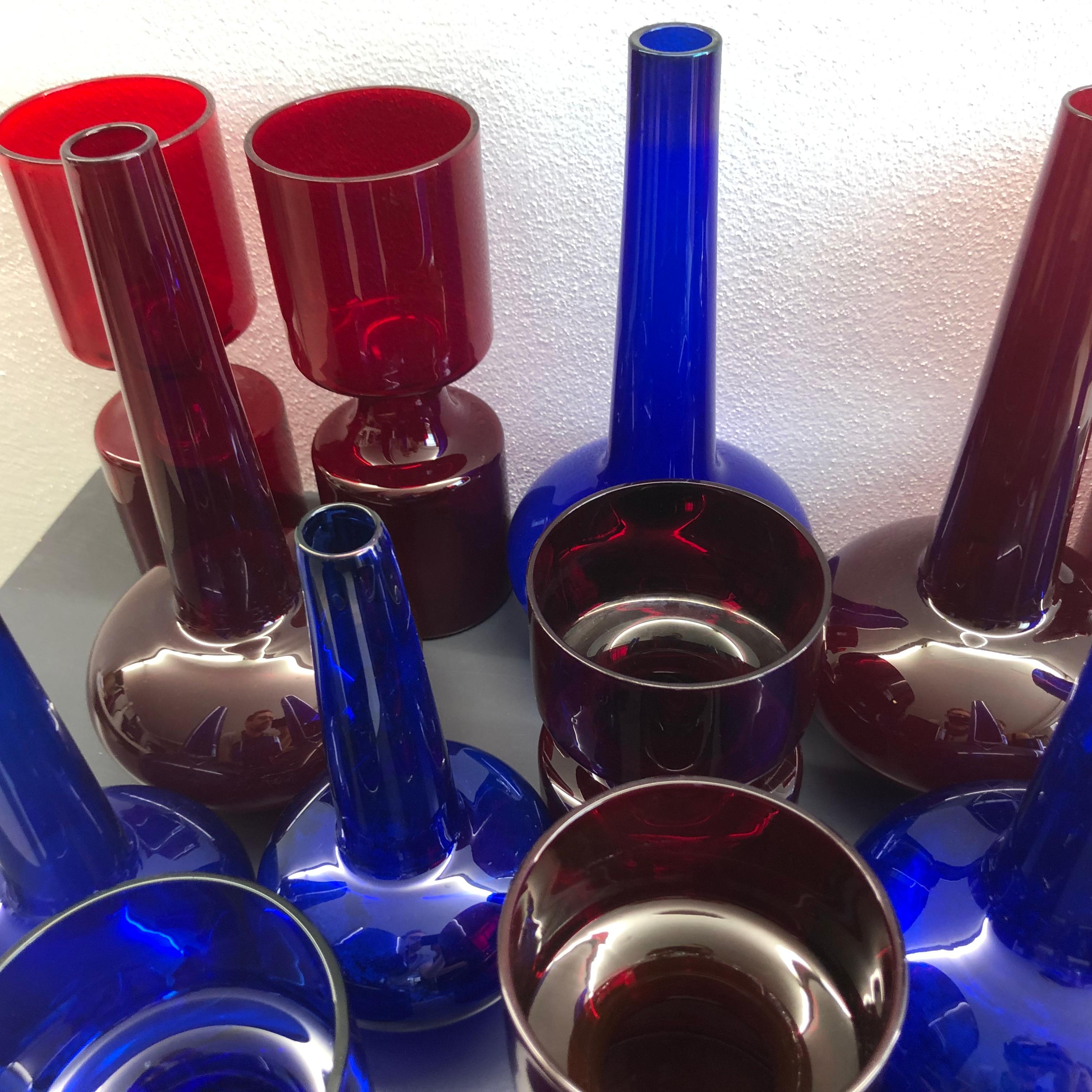Modern Set of Danish Holmegaards Vases 1960s Ruby Red and Blue For Sale