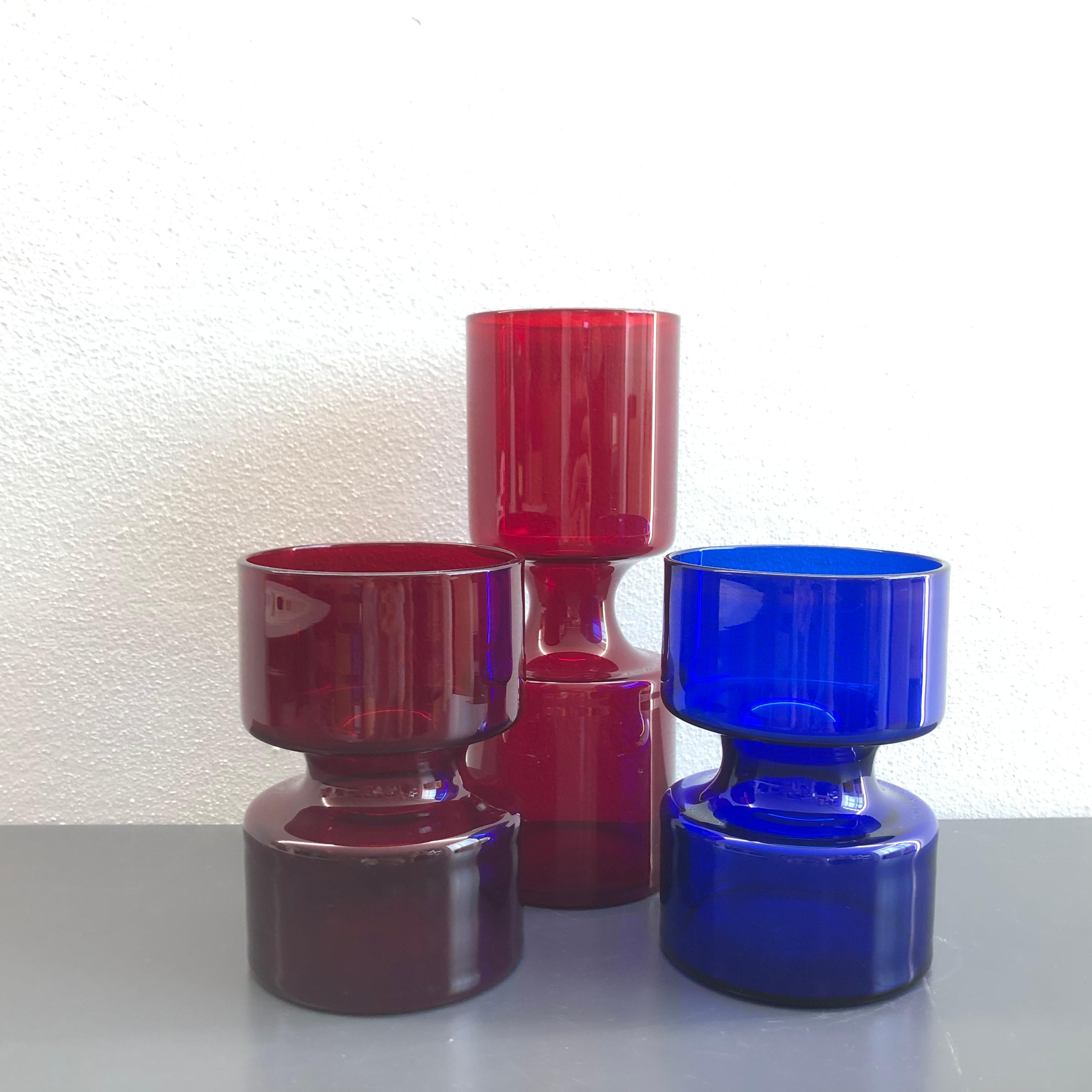 Women's or Men's Set of Danish Holmegaards Vases 1960s Ruby Red and Blue For Sale