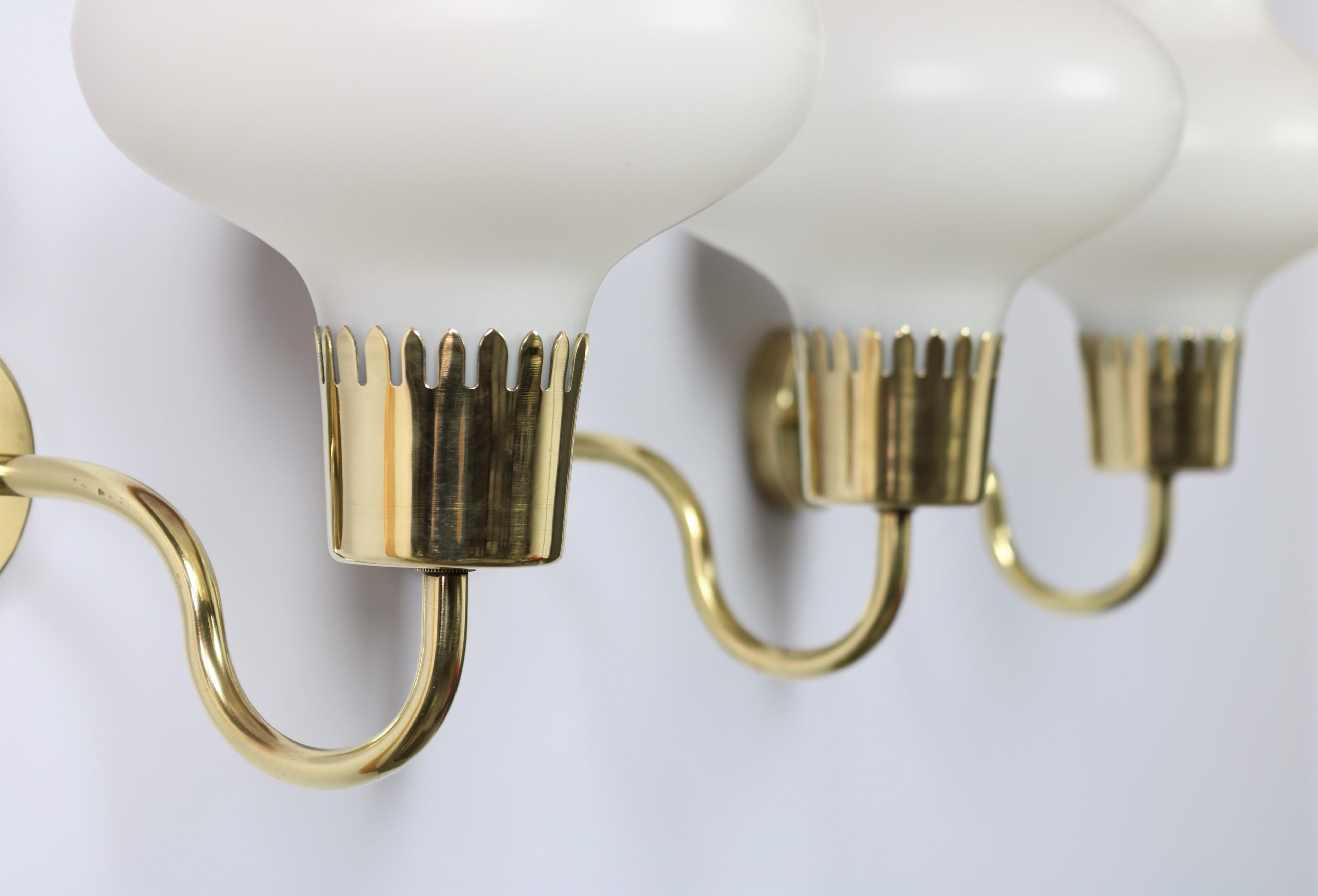 Set of Danish Modern Brass and Opal Glass Wall Sconces by Acton Bjorn, 1950s For Sale 3