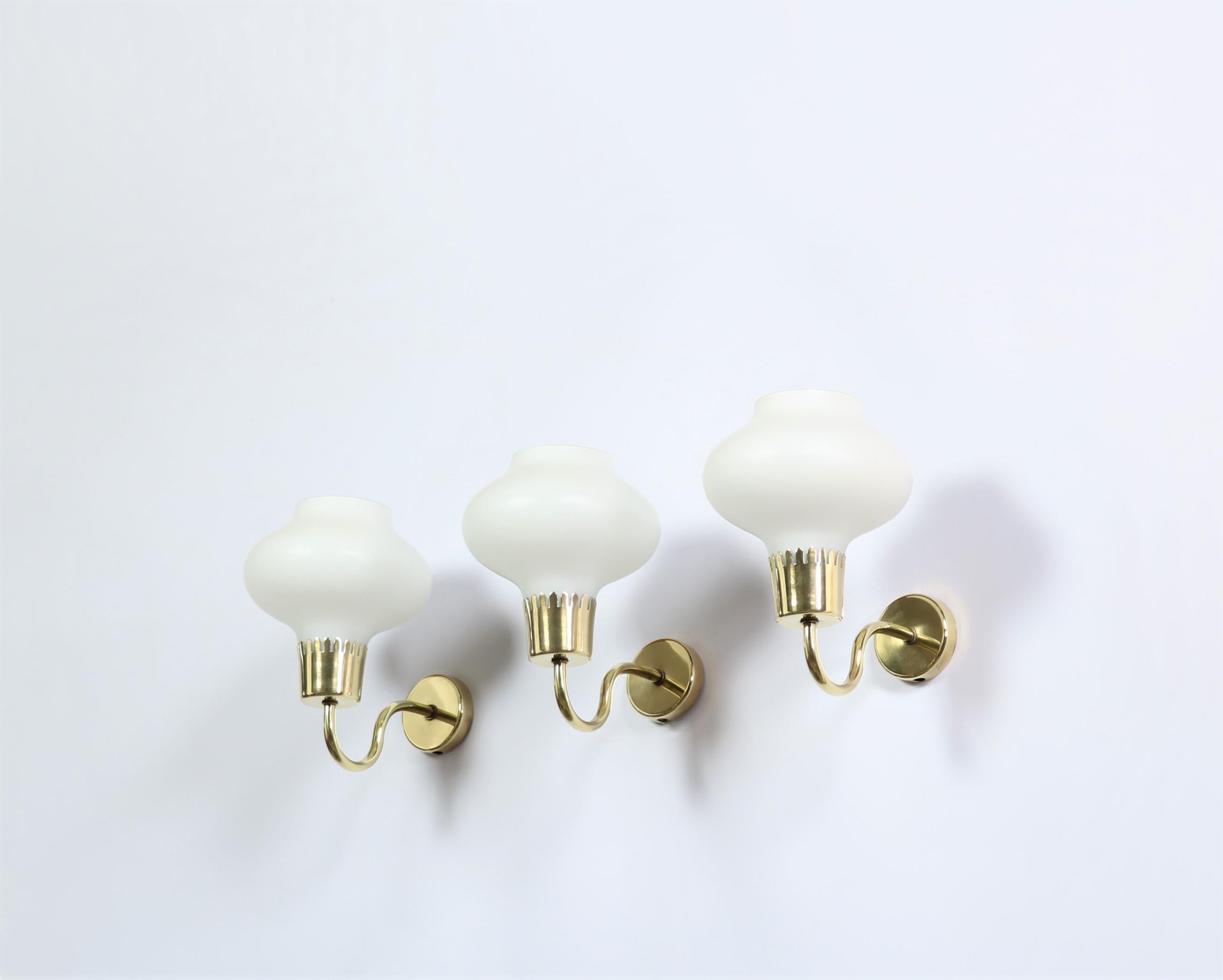Set of Danish Modern Brass and Opal Glass Wall Sconces by Acton Bjorn, 1950s For Sale 1