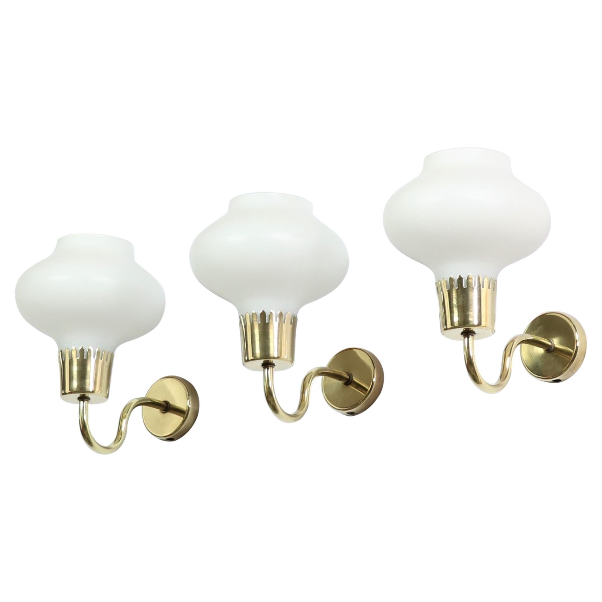 Set of Danish Modern Brass and Opal Glass Wall Sconces by Acton Bjorn, 1950s