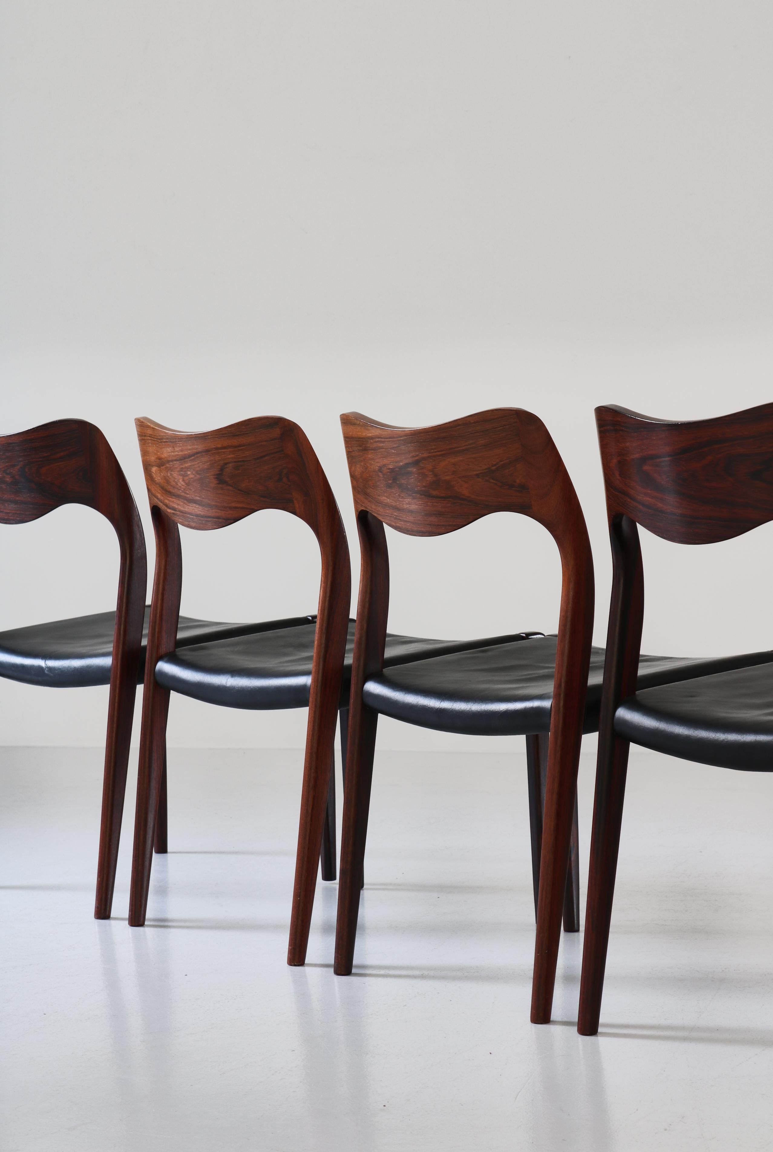 Set of Danish Modern Dining Chairs by N.O. Møller, Rosewood & Black Leather 5