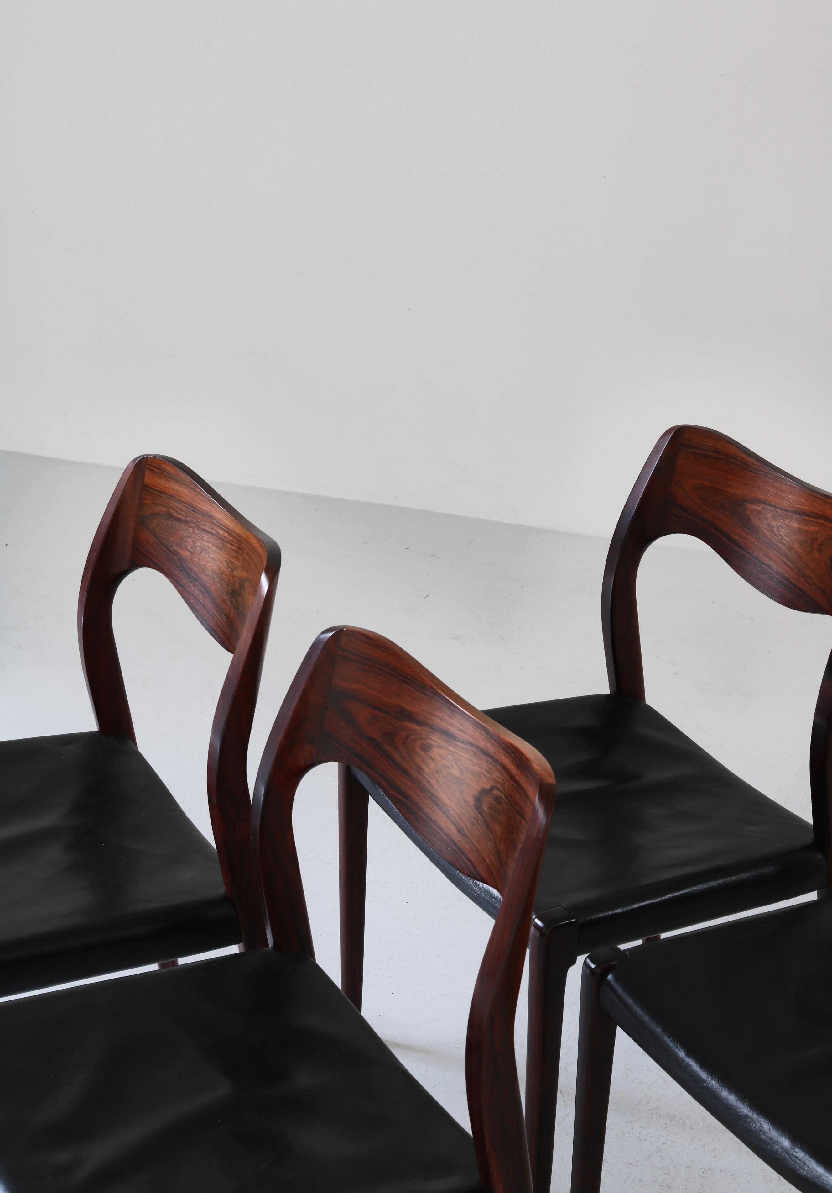Set of Danish Modern Dining Chairs by N.O. Møller, Rosewood & Black Leather 6