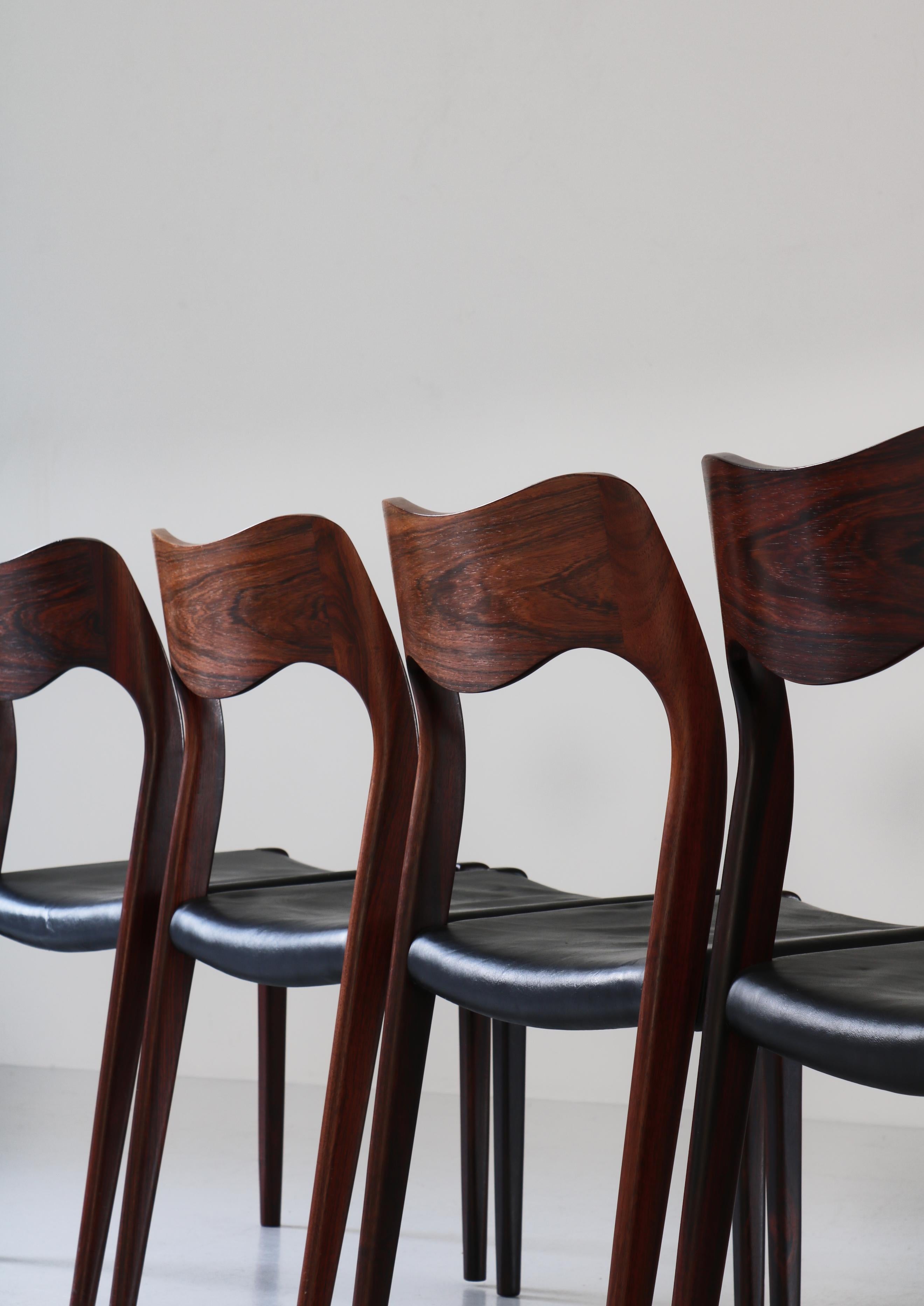 Set of Danish Modern Dining Chairs by N.O. Møller, Rosewood & Black Leather 14