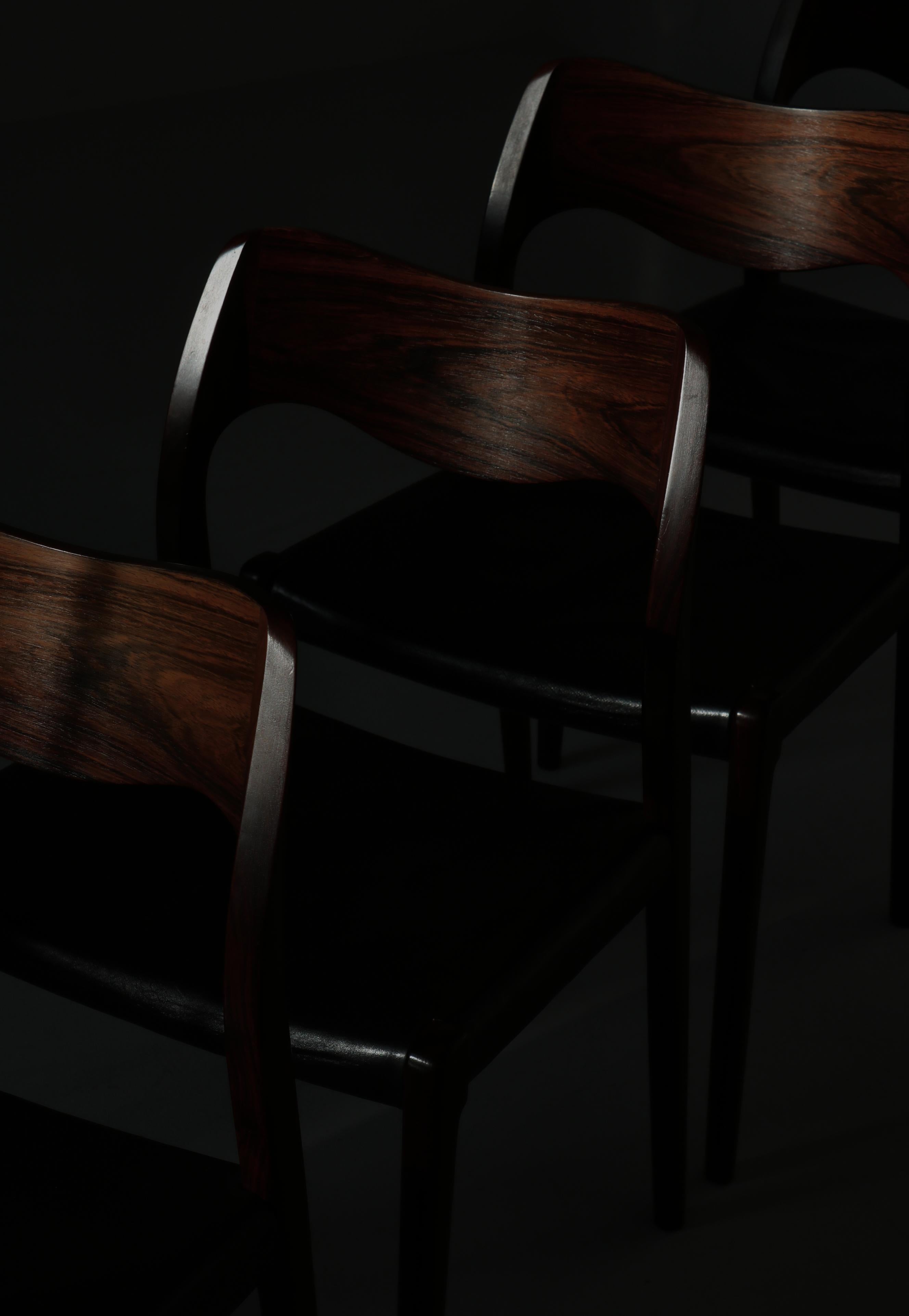 Scandinavian Modern Set of Danish Modern Dining Chairs by N.O. Møller, Rosewood & Black Leather
