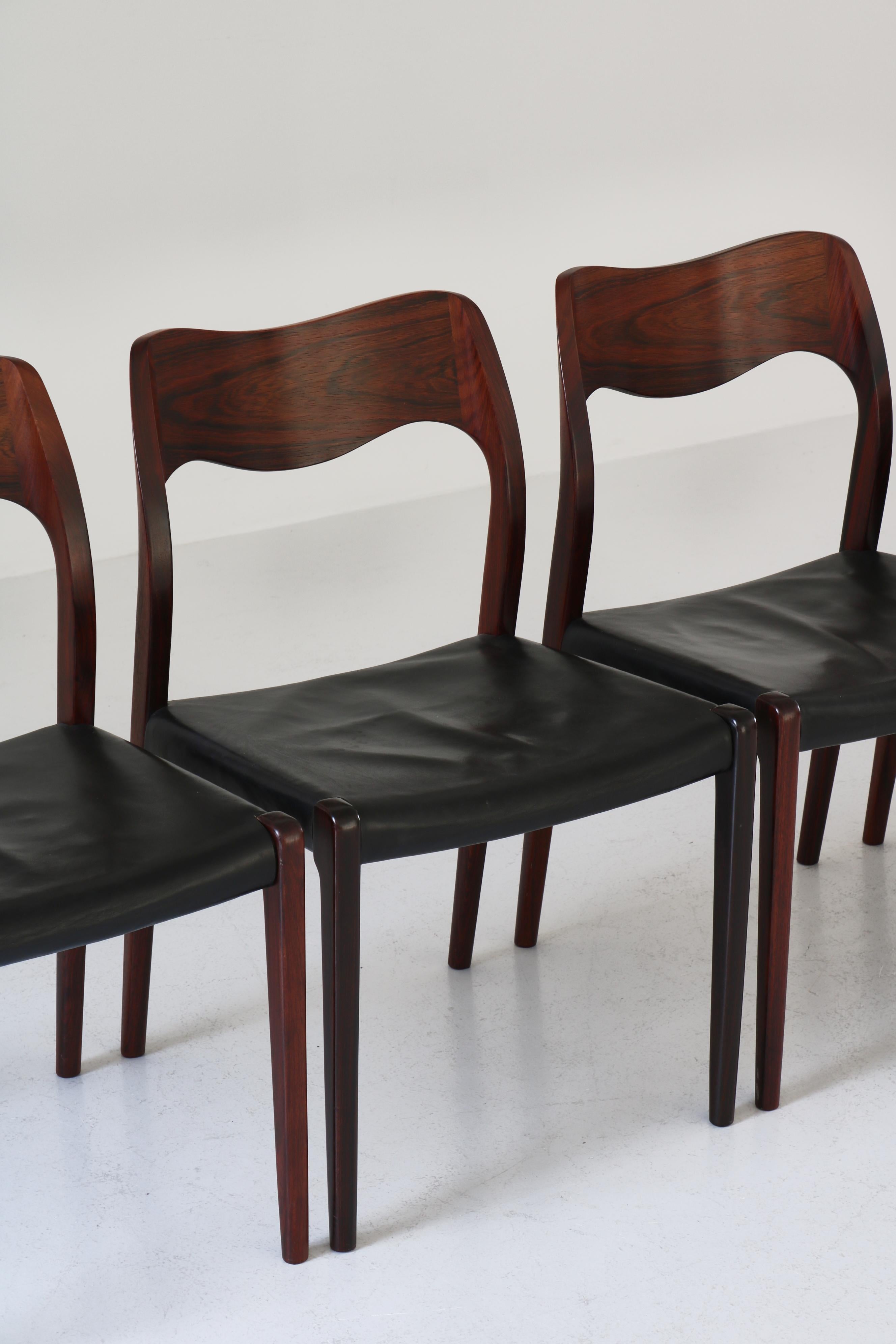 Set of Danish Modern Dining Chairs by N.O. Møller, Rosewood & Black Leather In Good Condition In Odense, DK