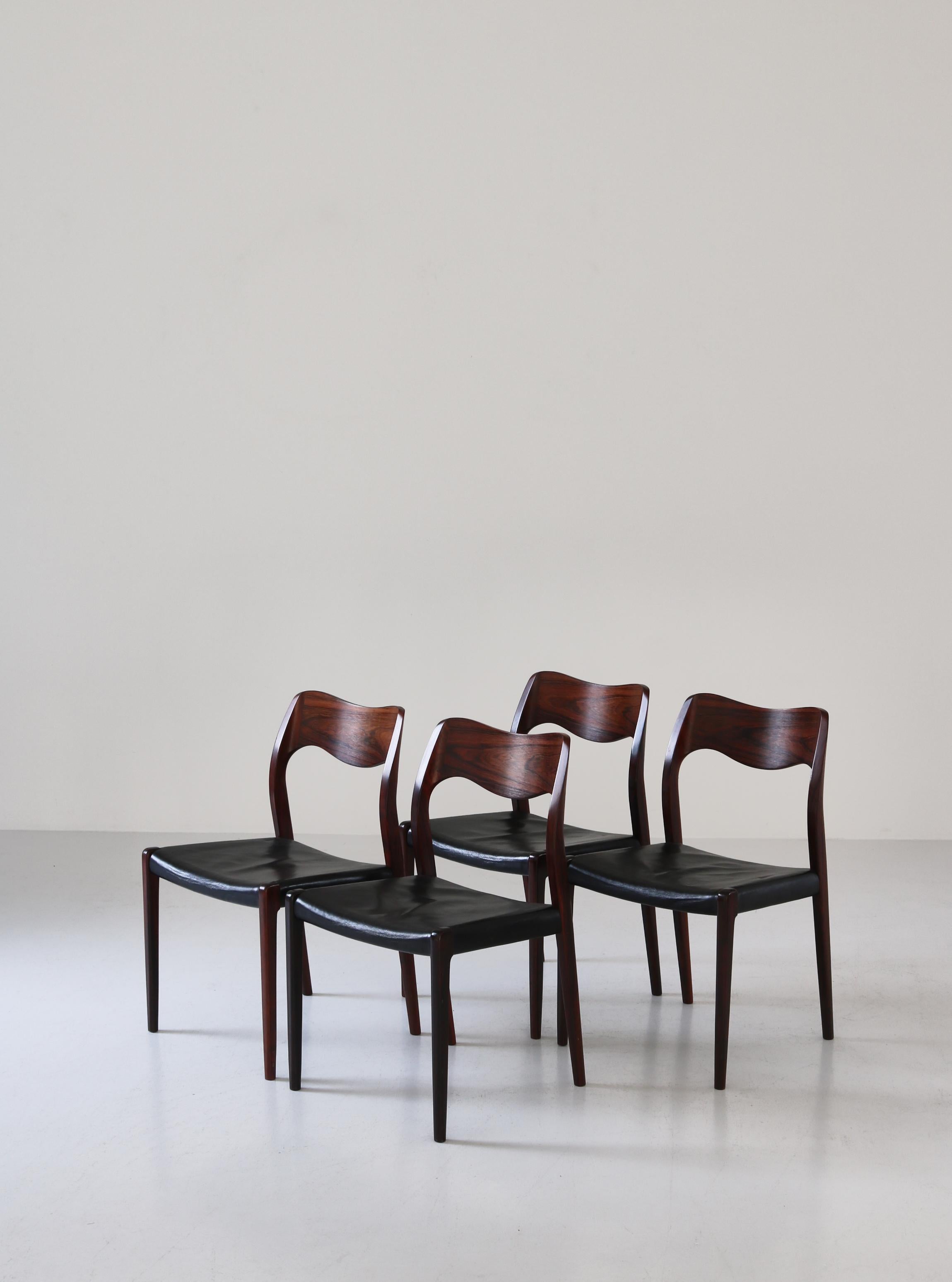 Mid-20th Century Set of Danish Modern Dining Chairs by N.O. Møller, Rosewood & Black Leather