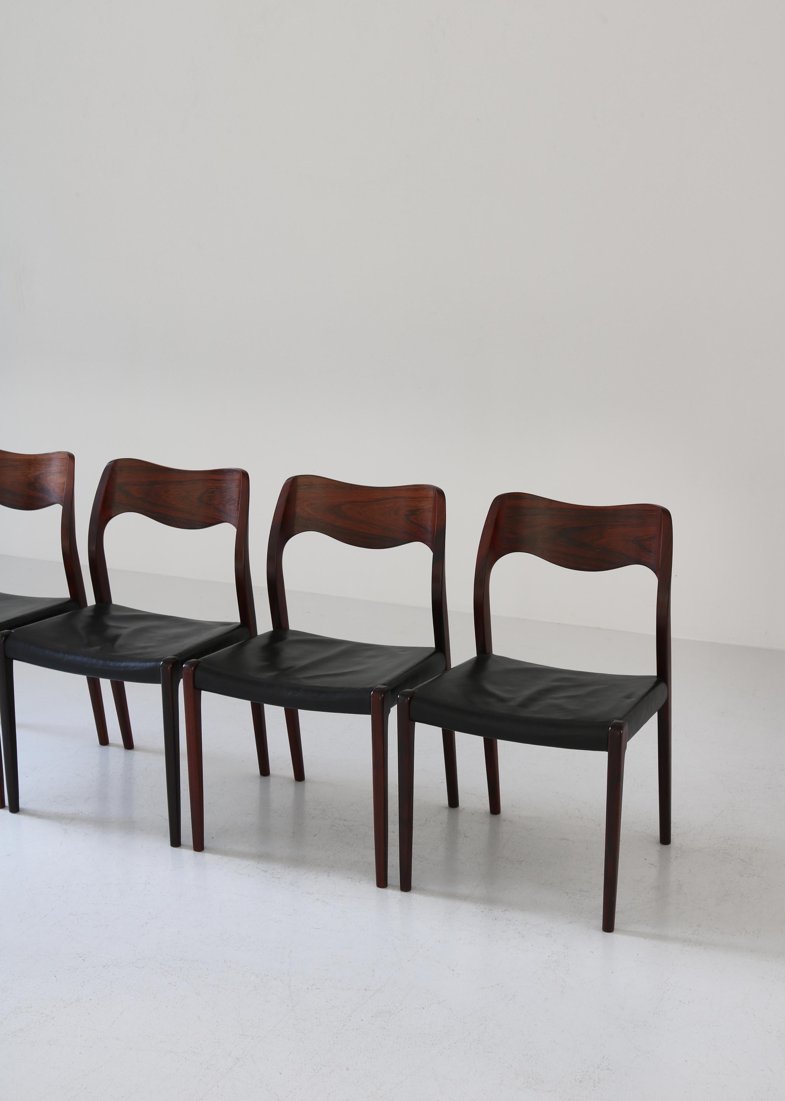 Set of Danish Modern Dining Chairs by N.O. Møller, Rosewood & Black Leather 1