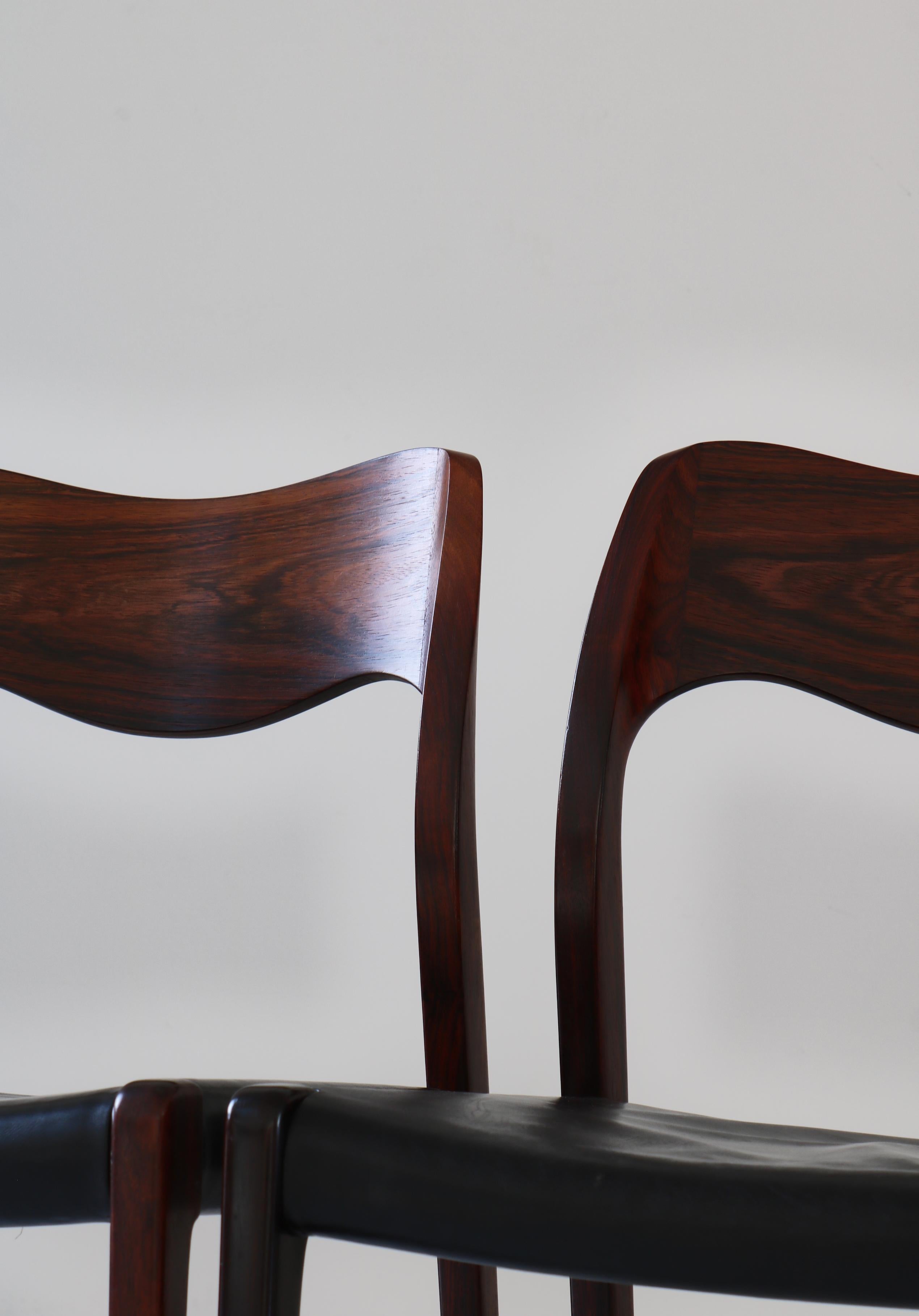 Set of Danish Modern Dining Chairs by N.O. Møller, Rosewood & Black Leather 2
