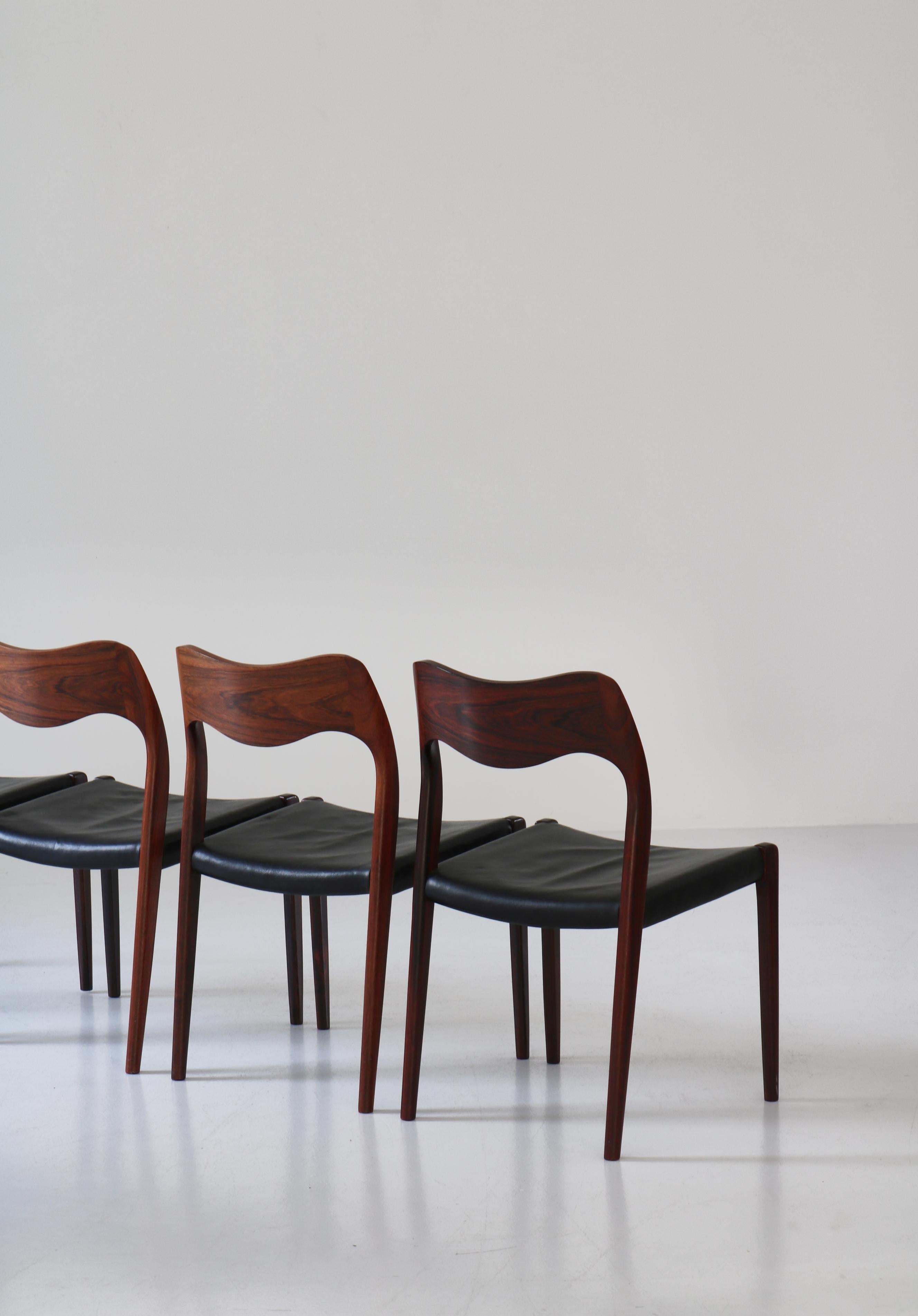 Set of Danish Modern Dining Chairs by N.O. Møller, Rosewood & Black Leather 3