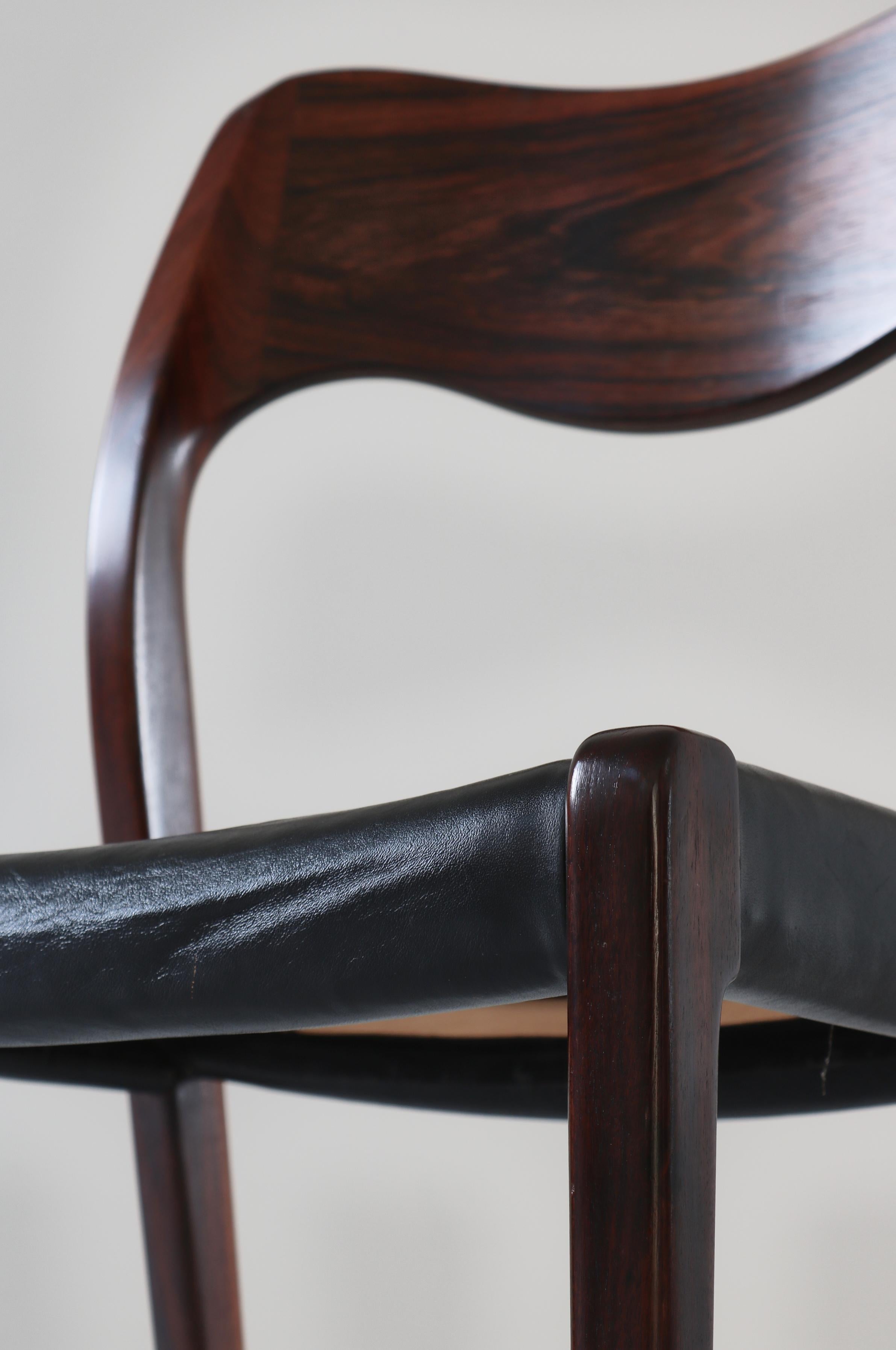 Set of Danish Modern Dining Chairs by N.O. Møller, Rosewood & Black Leather 4