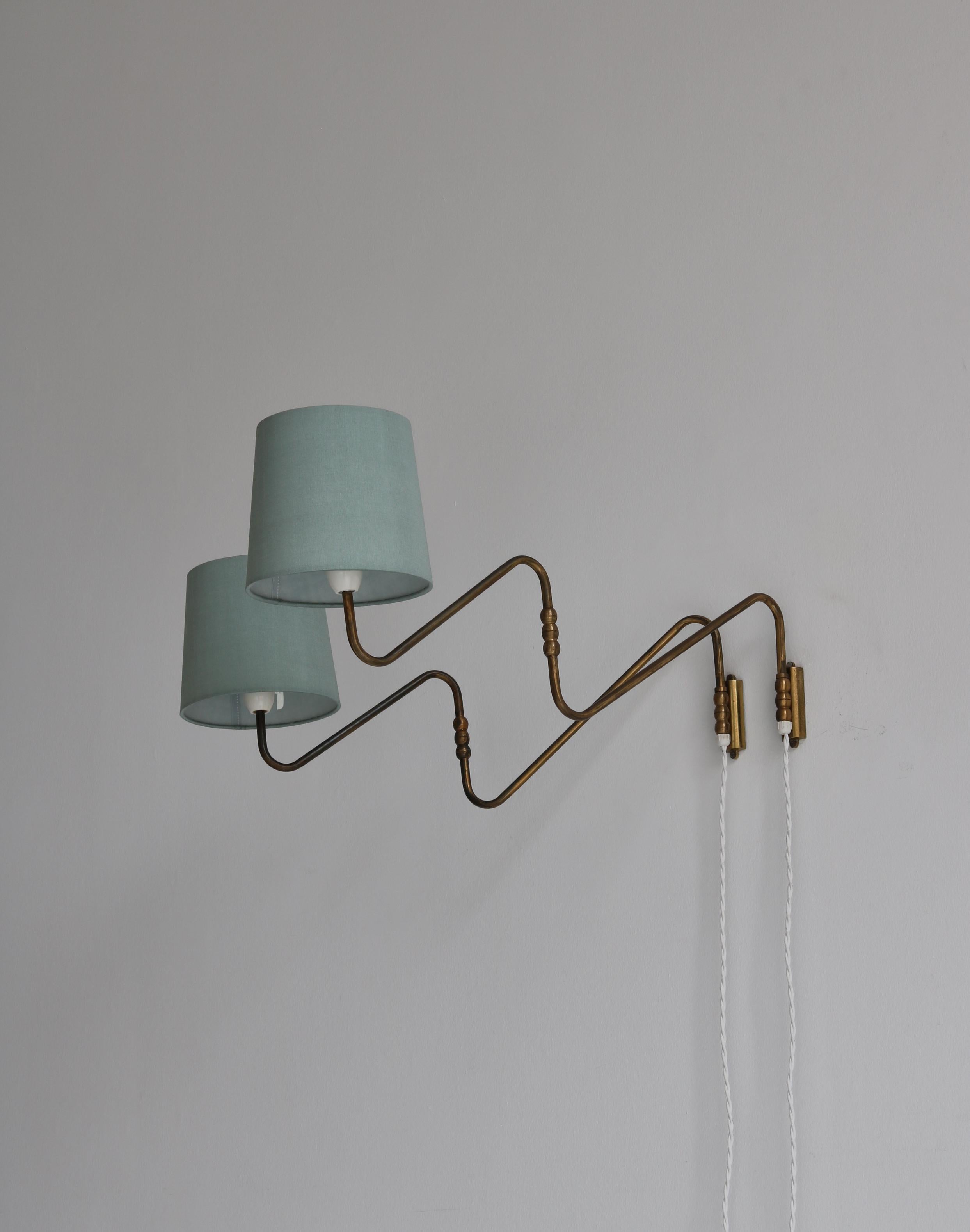 Set of Danish Modern Wall Lamp in Brass & Green Silk Shades, Denmark, 1950s 9
