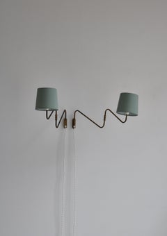 Set of Danish Modern Wall Lamp in Brass & Green Silk Shades, Denmark, 1950s