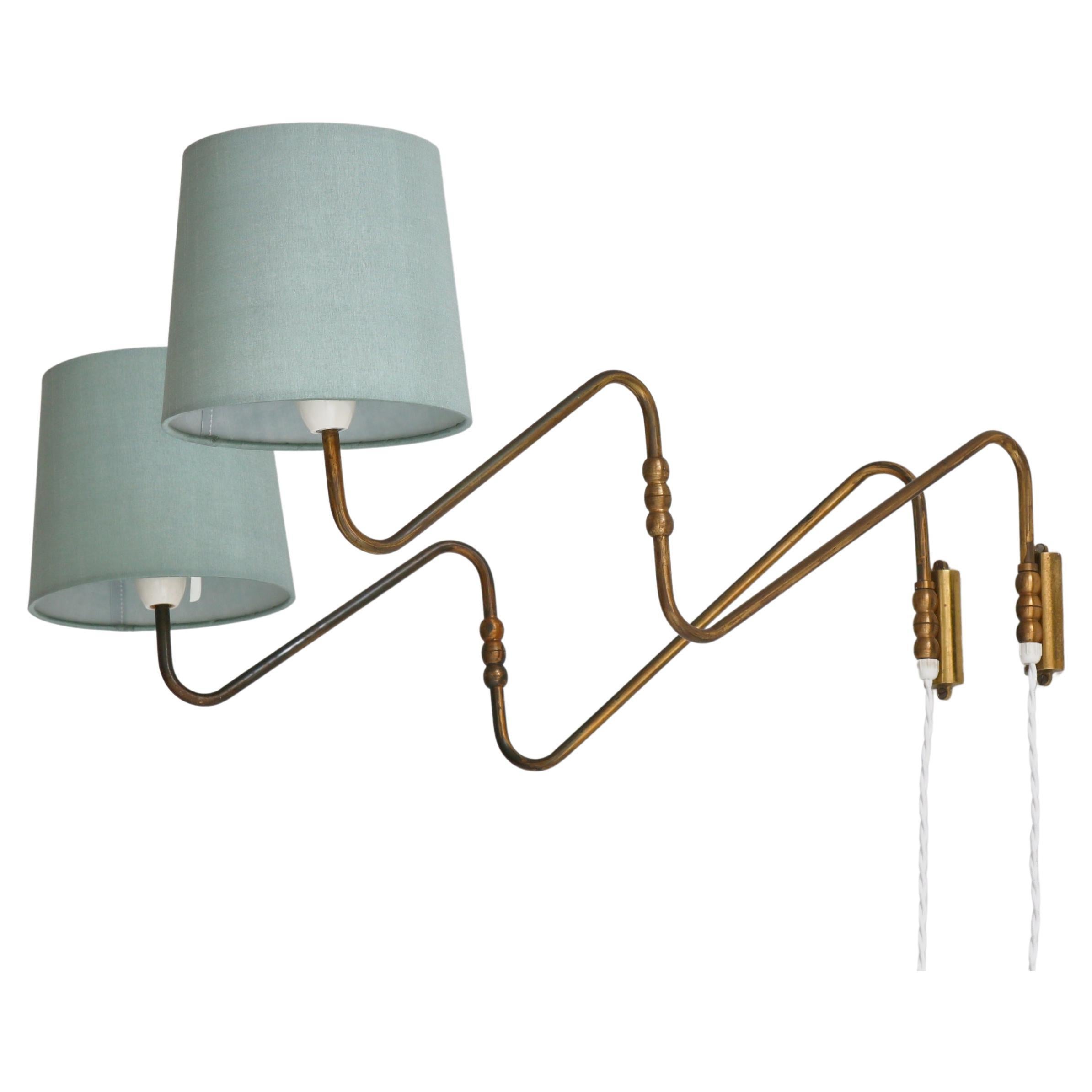 Set of Danish Modern Wall Lamp in Brass & Green Silk Shades, Denmark, 1950s