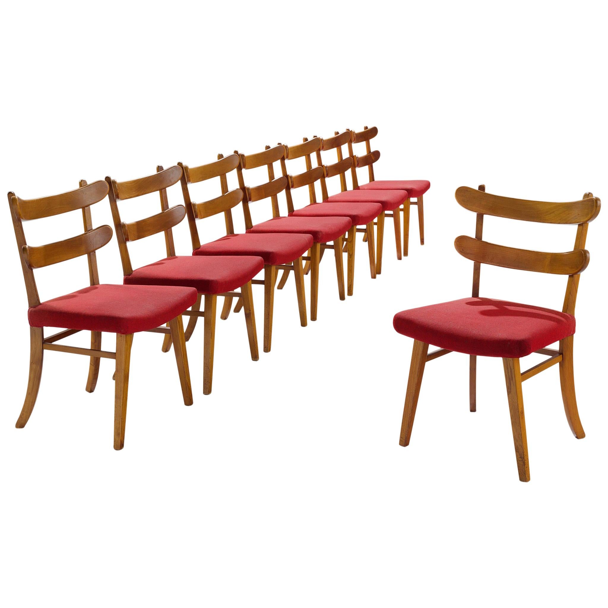 Danish Set of Eight Dining Chairs in Solid Elm and Red Upholstery