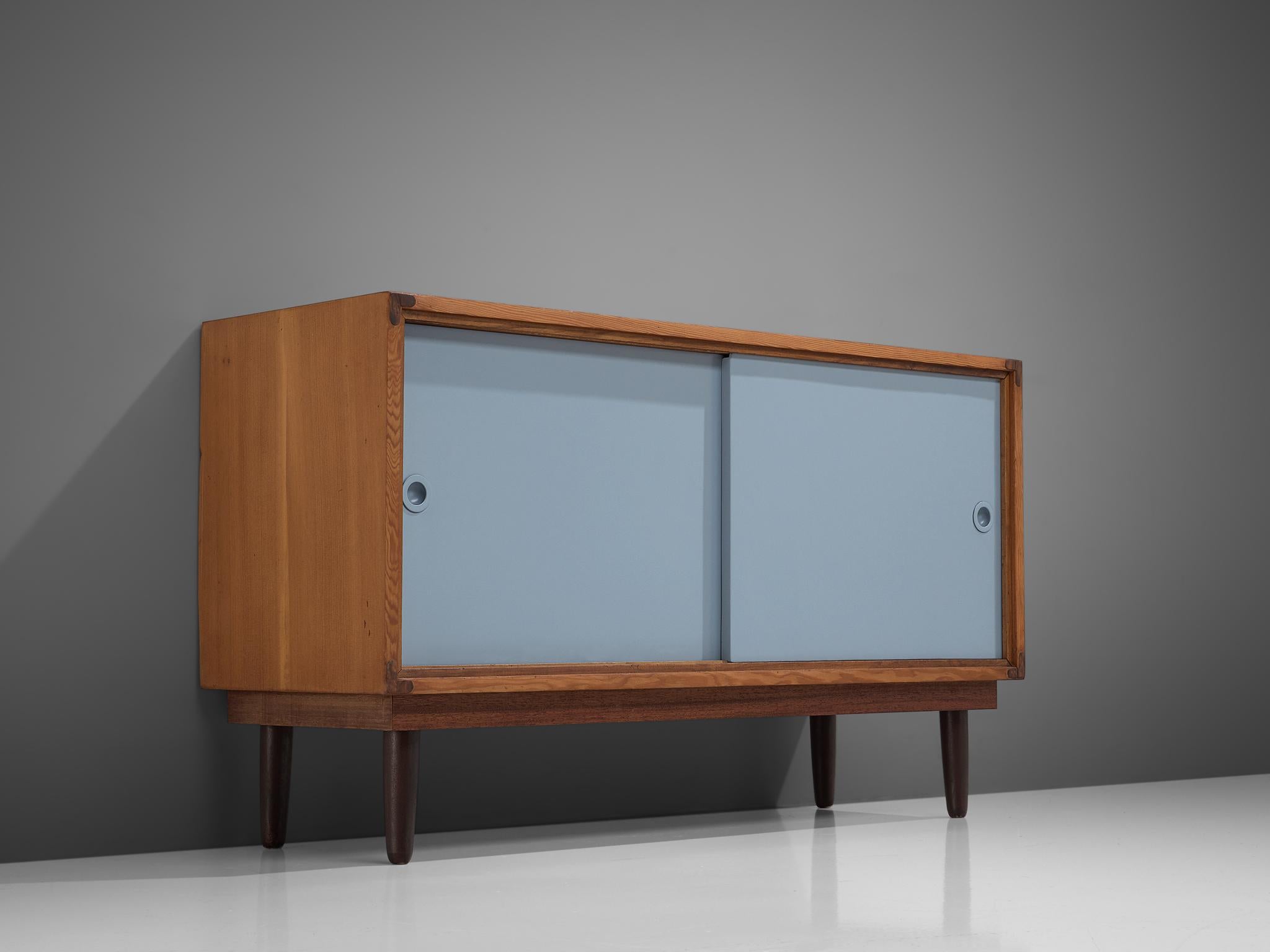Mid-Century Modern Danish Solid Pine Cabinets with Blue Sliding Doors
