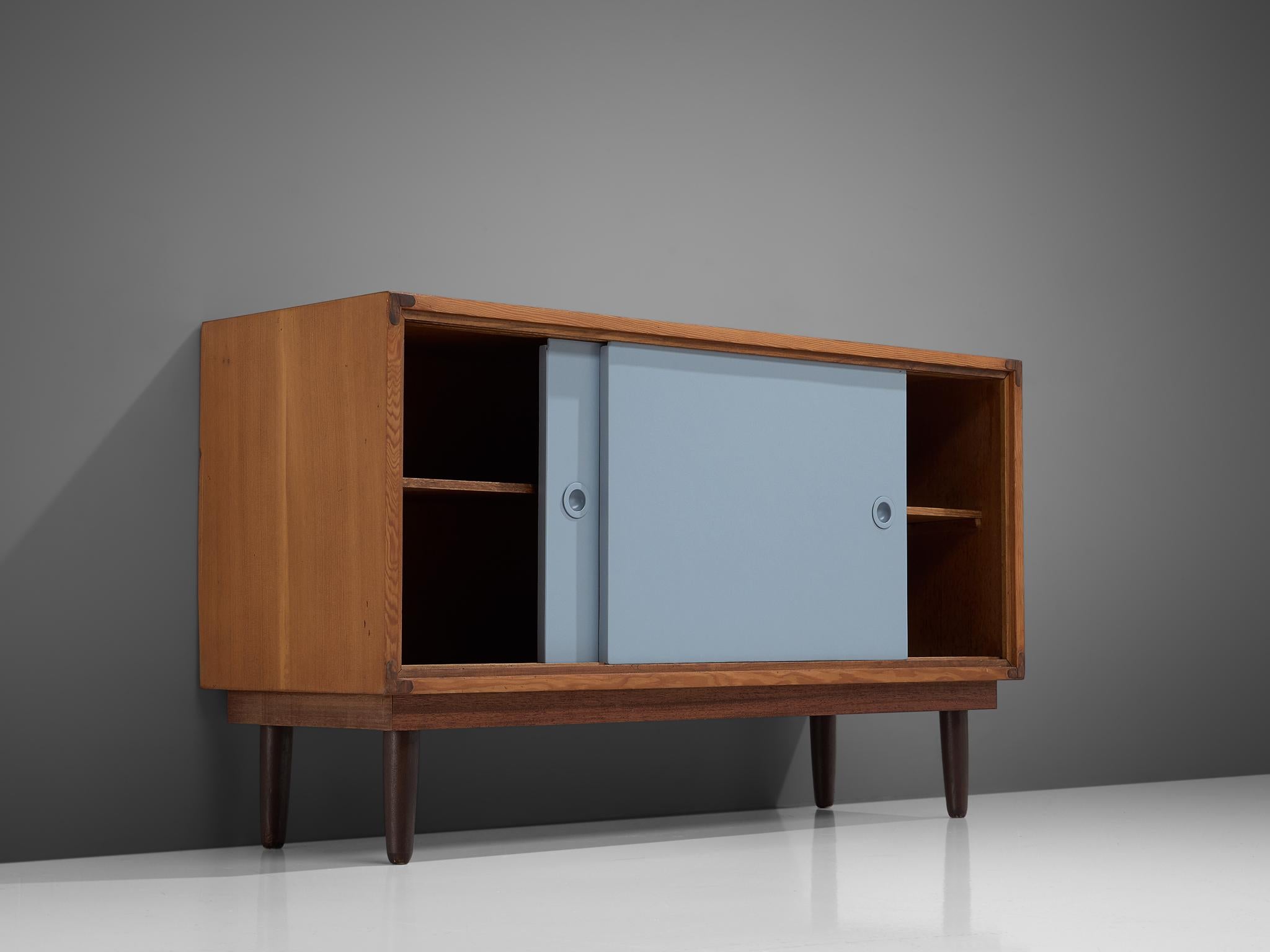 Mid-20th Century Danish Solid Pine Cabinets with Blue Sliding Doors