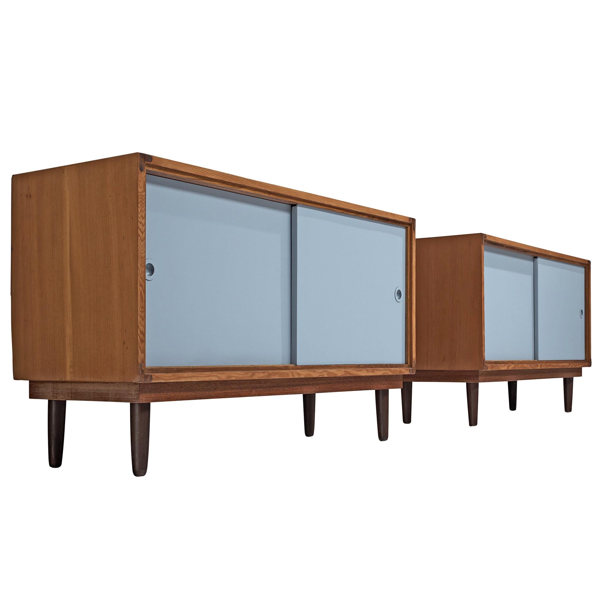 Danish Solid Pine with Blue Sliding Doors For Sale at 1stDibs