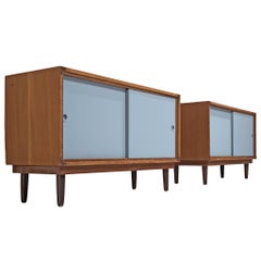 Danish Solid Pine Cabinets with Blue Sliding Doors