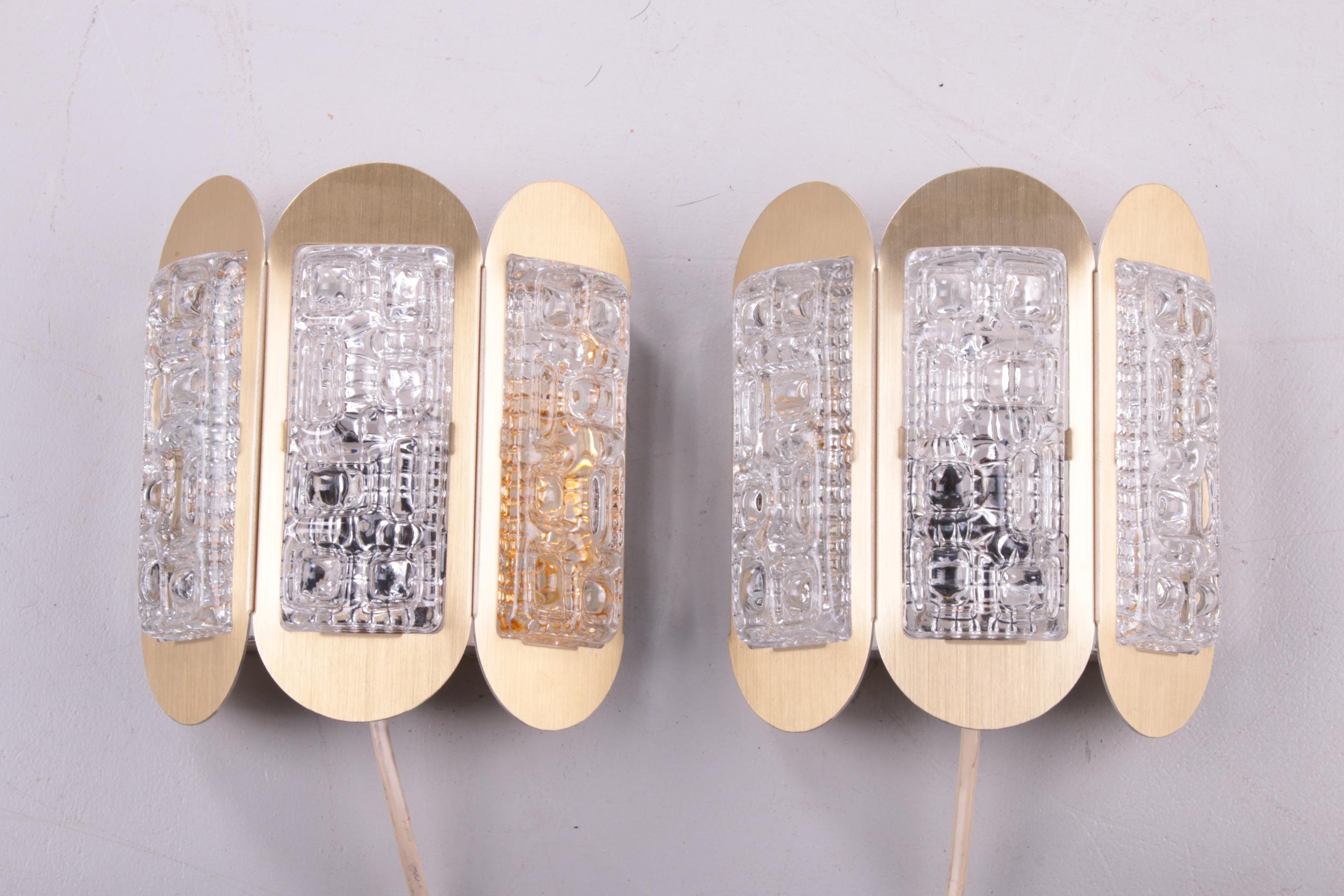 Scandinavian Modern Brass Sconces ‘Pair’ with Pressed Glass and Brass by Vitrika, 1970s For Sale