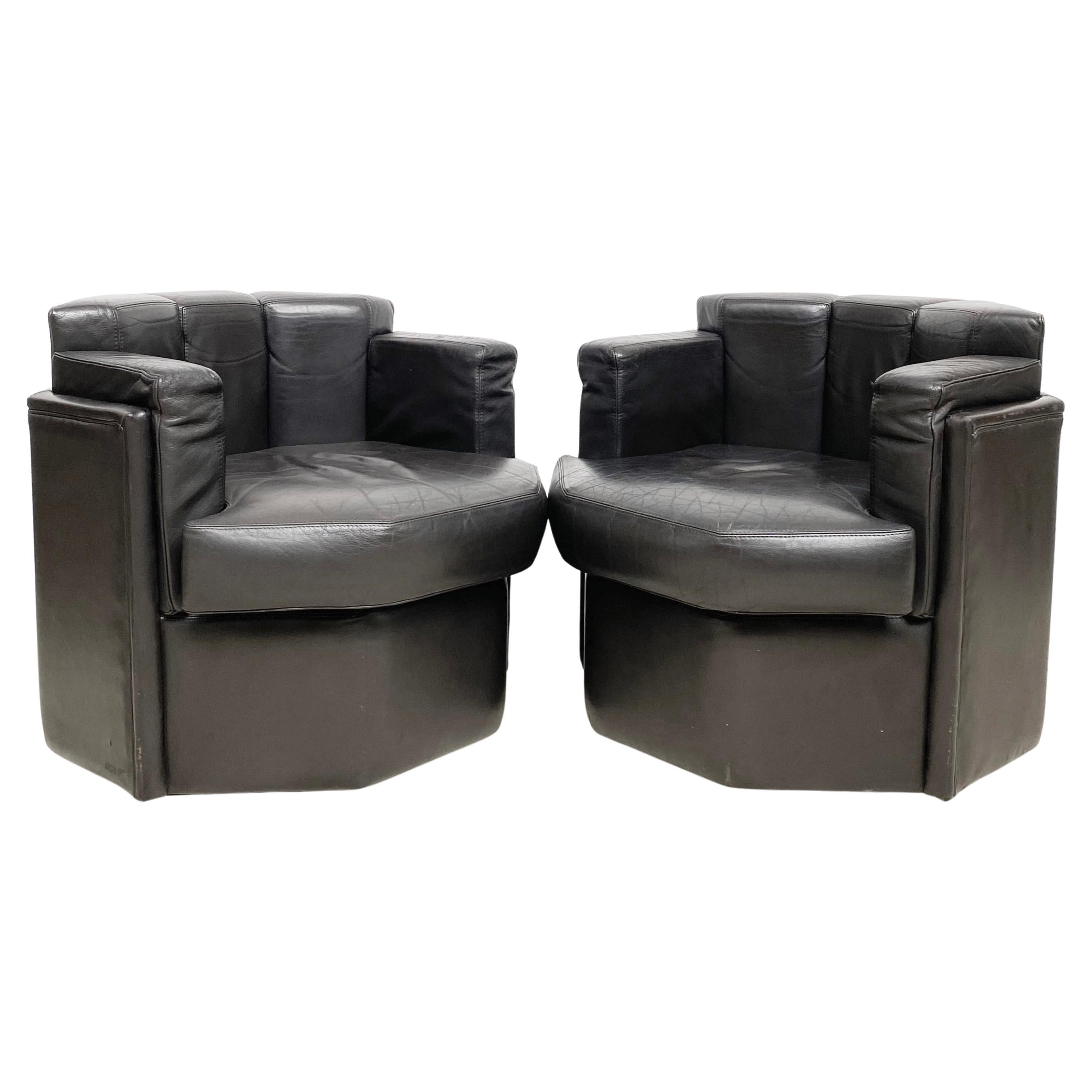 Set of Dark Brown Octagonal Club Chairs, 1970s