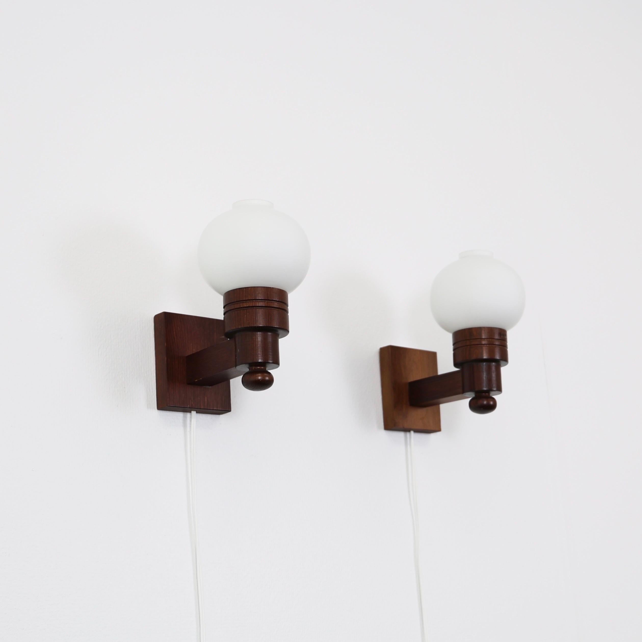 Swedish Set of Dark Stained Pine Wood Wall Lamps by Aneta, Sweden, 1970s For Sale