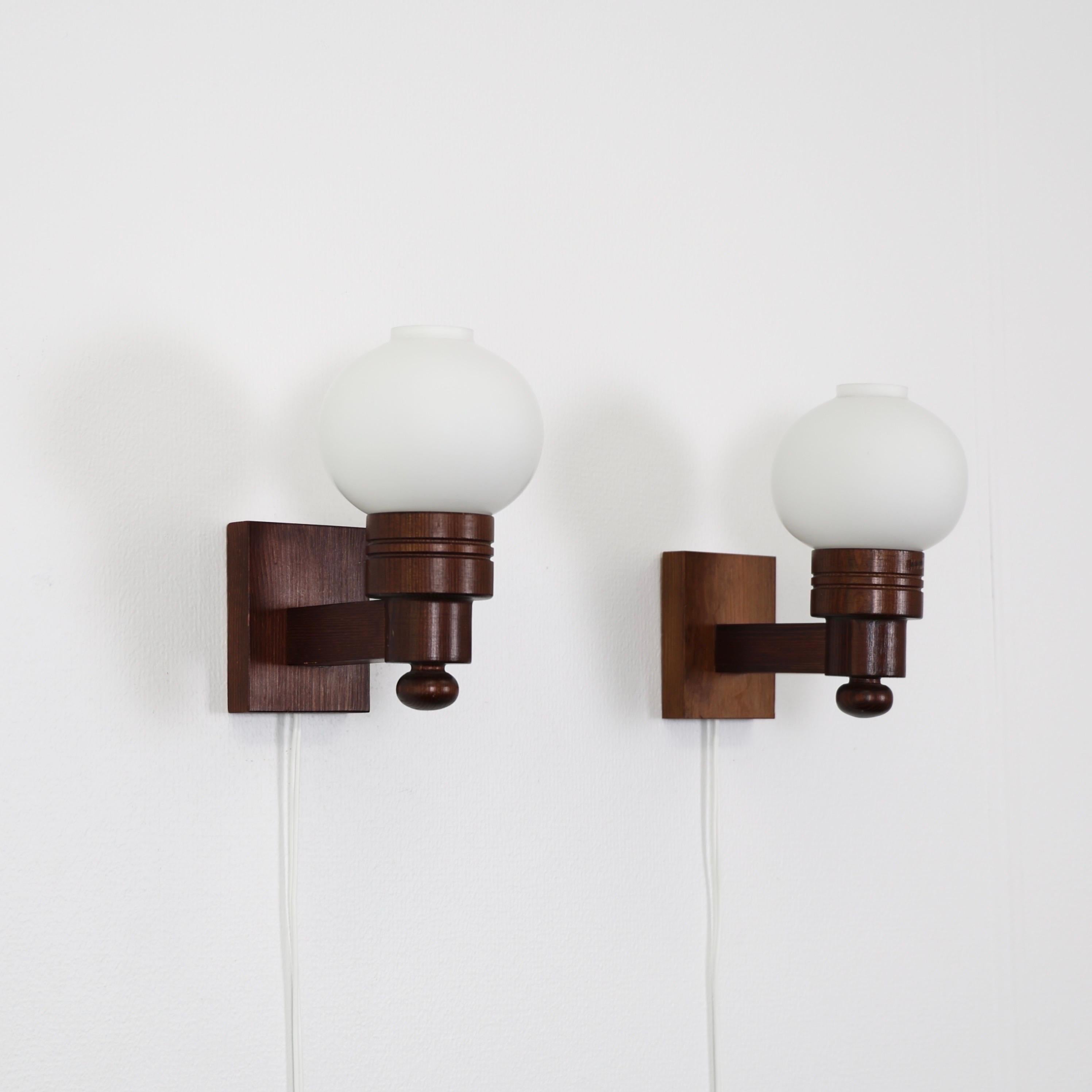 Late 20th Century Set of Dark Stained Pine Wood Wall Lamps by Aneta, Sweden, 1970s For Sale