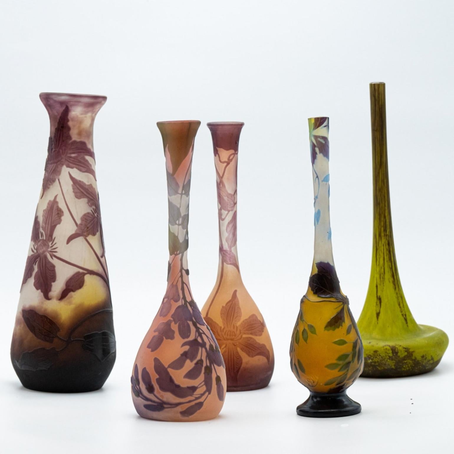 Set of Daum and Galle Signed, Acid Etched Purple Green Pink Yellow Vases, 1910 For Sale 3
