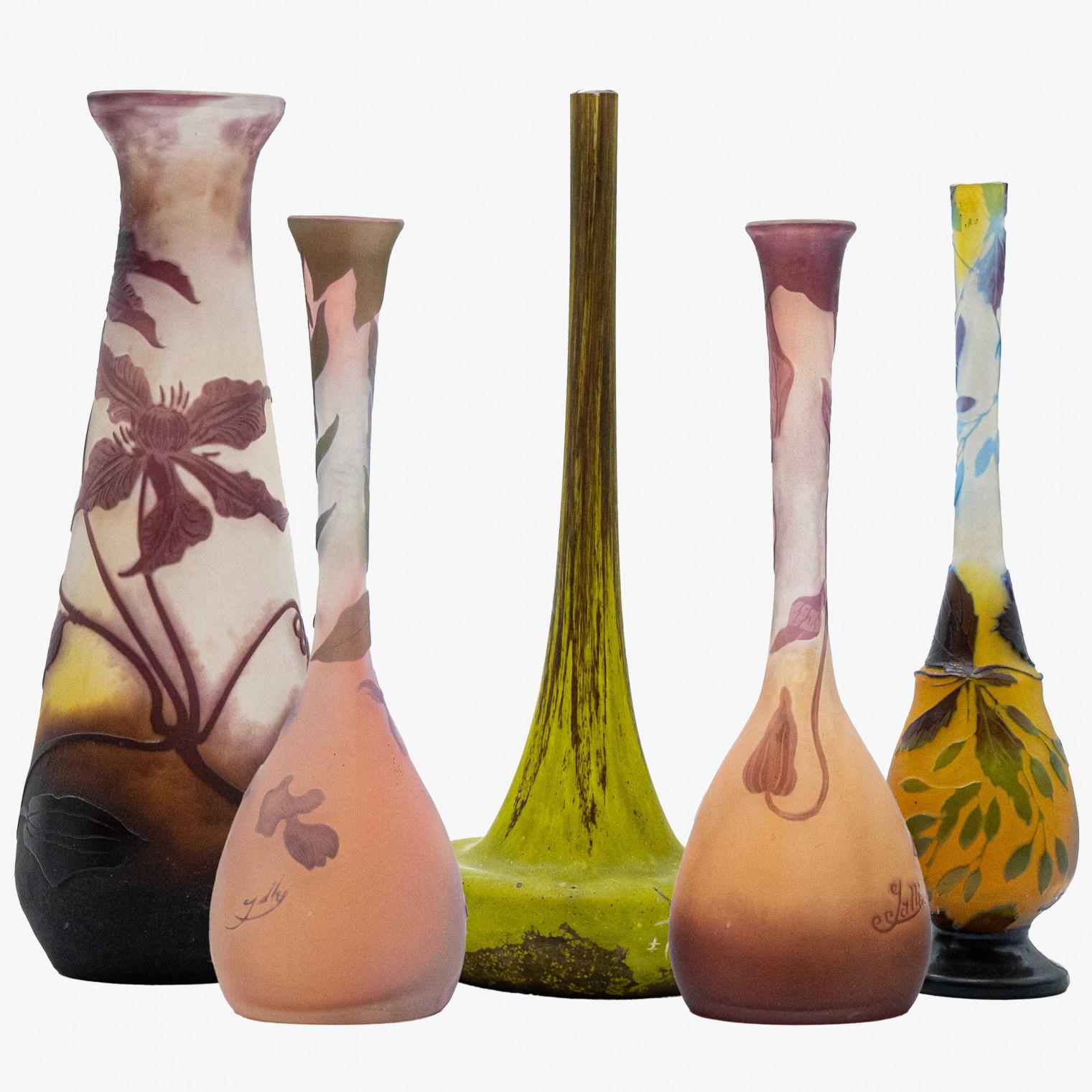 This exquisite set of Art Nouveau vases by Daum Nancy and Gallé is statement piece in the room. Wonderful craftsmanship form 1910. Signed 