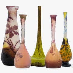 Set of Daum and Galle Signed, Acid Etched Purple Green Pink Yellow Vases, 1910