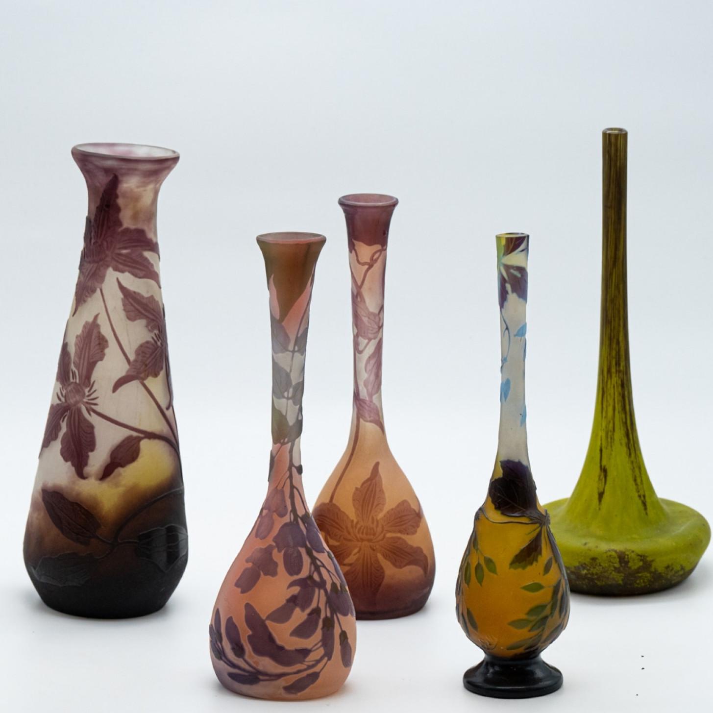 Art Nouveau Set of Daum and Galle Signed, Acid Etched Purple Green Pink Yellow Vases, 1910 For Sale